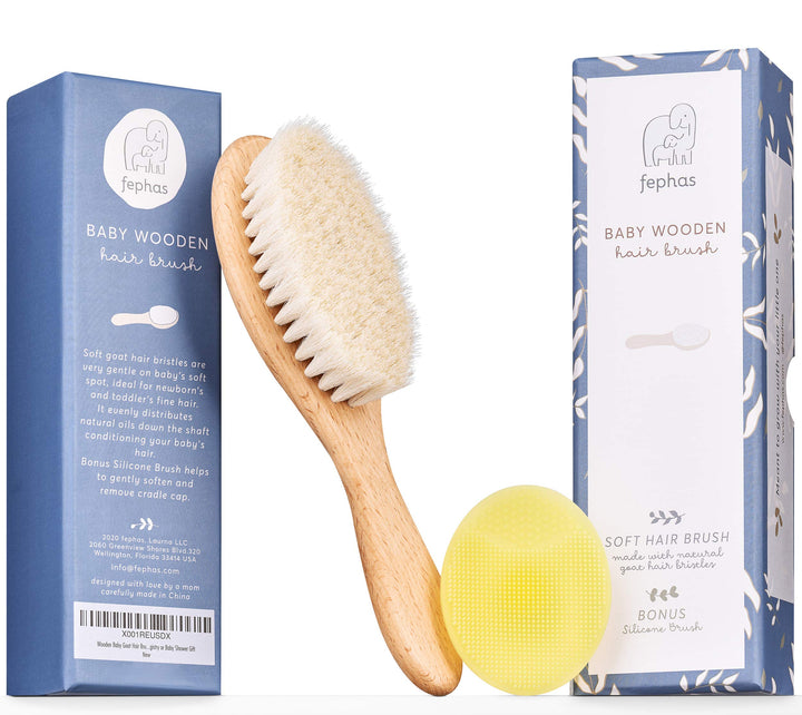 Fephas Wooden Baby Goat Hair Brush| Hairbrush for Newborn and Toddler Girl/Boy Features Soft Goat Hair and a Silicone Brush for Cradle Cap| Ideal for Baby Registry