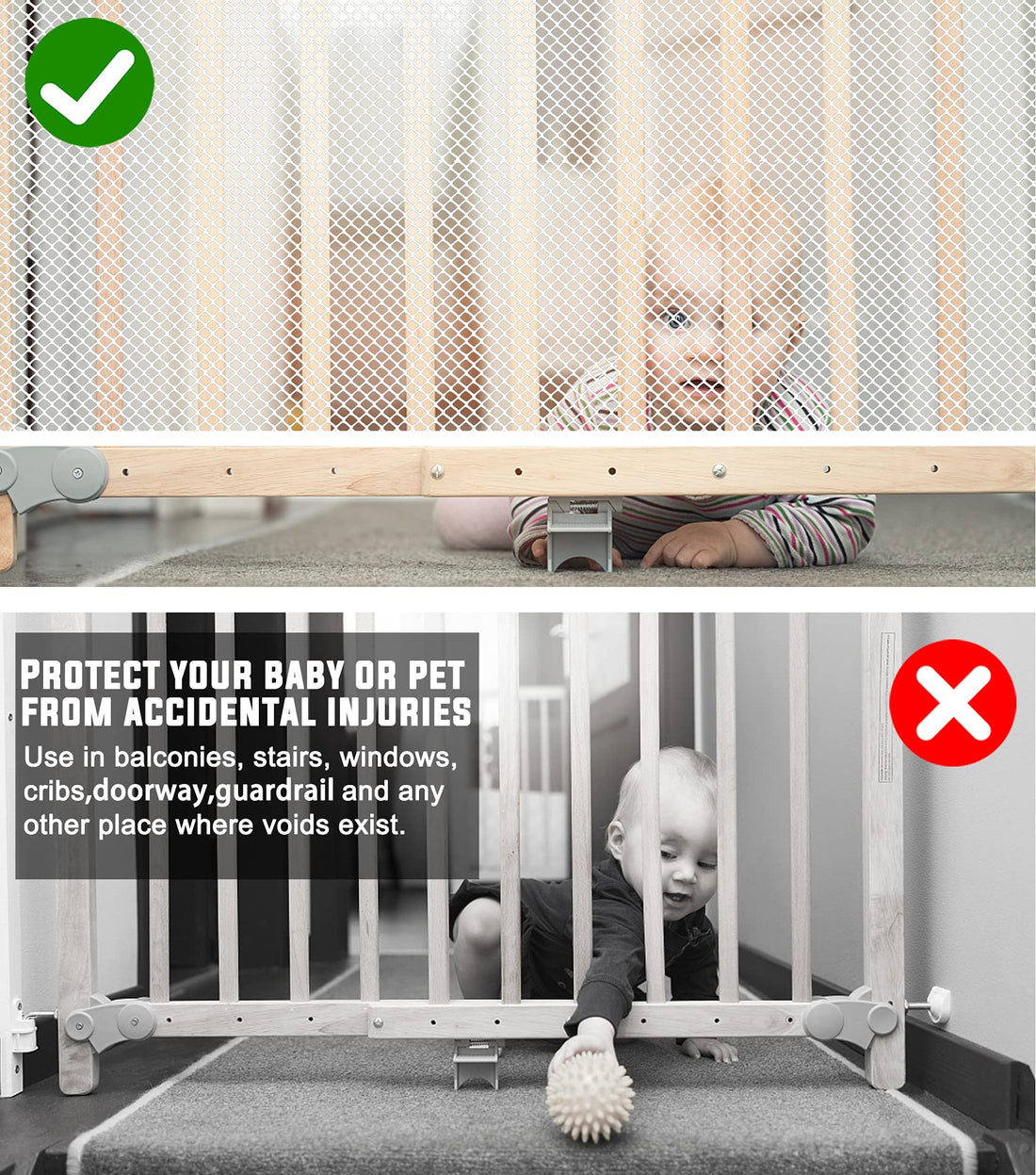 JIFTOK Baby Gate for Stairs, Banister Guard for Kids, Pets, Toys, 15ft L x 2.66 ft H, Mesh Netting Safety Net for Balcony Rail Stair, Stairway Net Baby Safety Products for Indoor & Outdoor (White)
