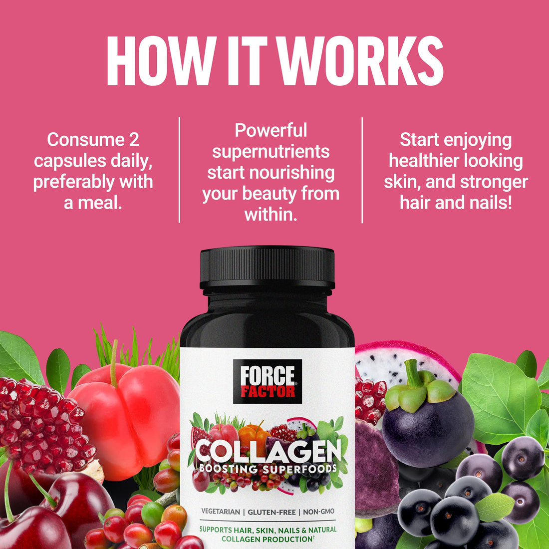 Force Factor Collagen Boosting Superfoods, Vegan Collagen Booster with Hyaluronic Acid, Biotin, Bamboo, Amino Acids & Vitamins for Hair, Skin, and Nails, Strengthener and Skin Supplement, 60 Capsules