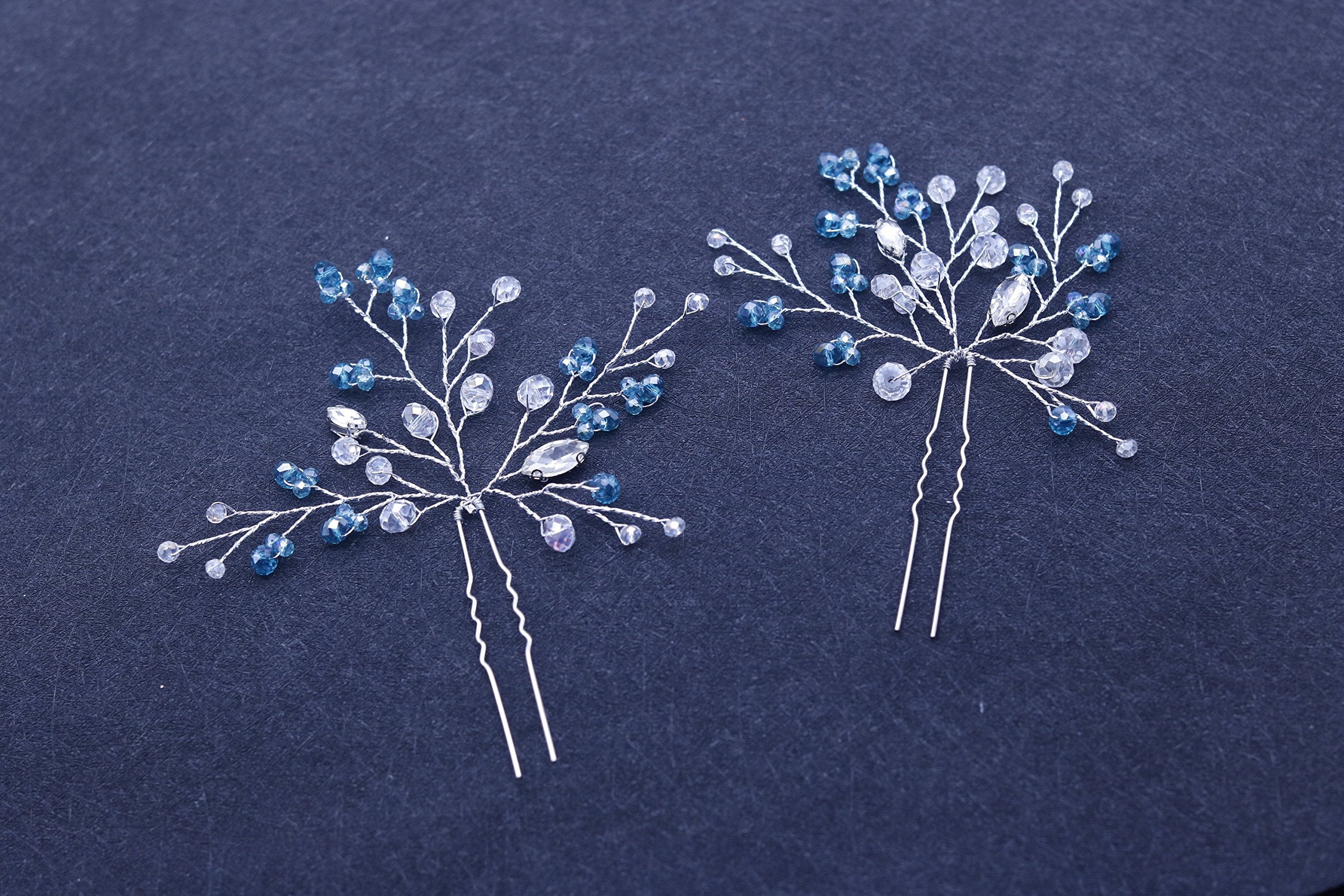 FXmimior Bridal Women Blue Vintage Wedding Party Hair Pins Crystal Hair Accessories( pack of 2)