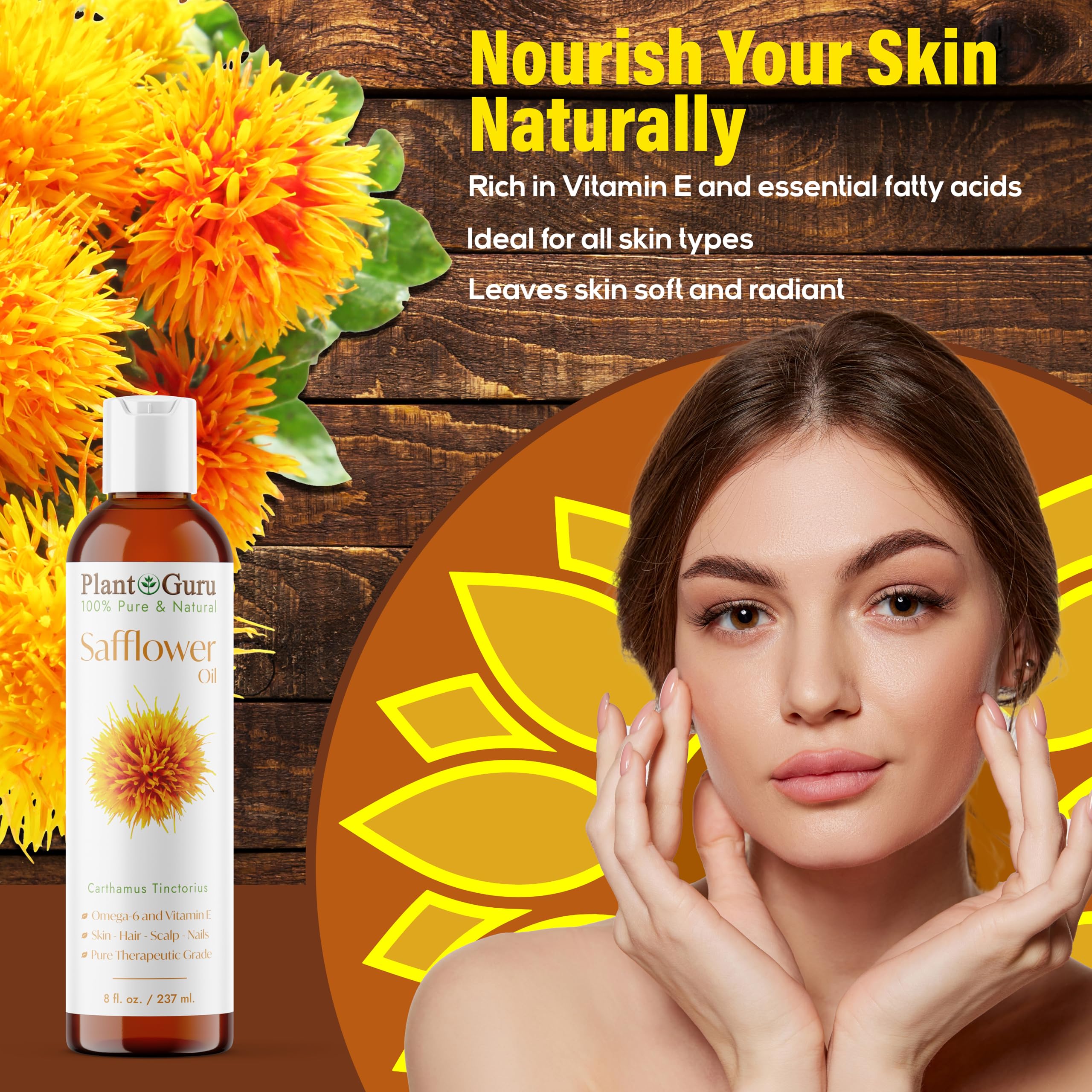 Safflower Oil 16 oz Cold Pressed 100% Pure Natural Carrier - Skin, Body And Face. Great For Moisturizing Creams, Lotions, Scalp Treatments, and Lip Balms