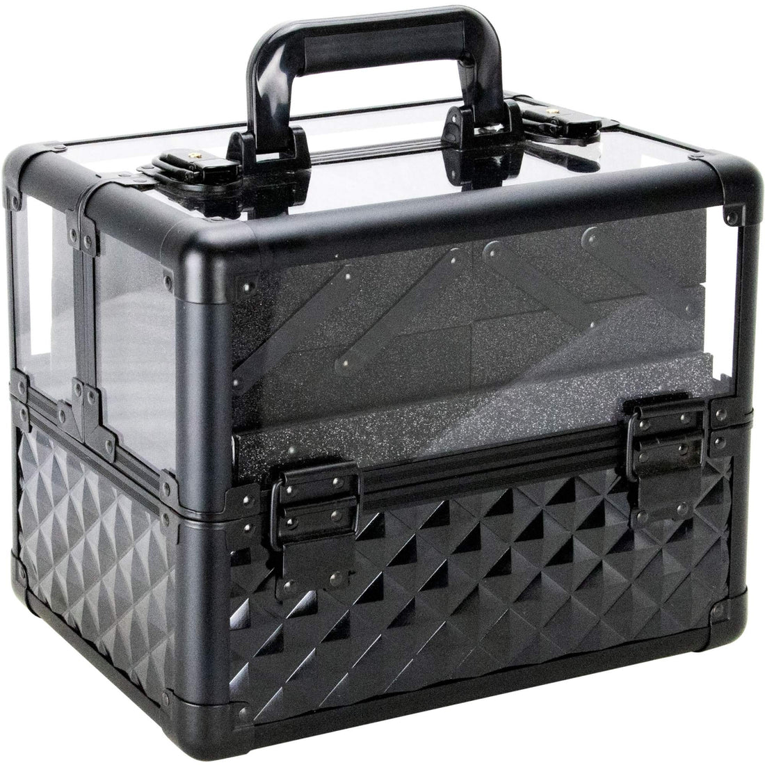 Ver Beauty 3.8mm armored acrylic makeup case jewelry portable travel organizer with 4 extendable trays clear cover micro-fiber cloth brush holders keylocks - vp017, Black Diamond