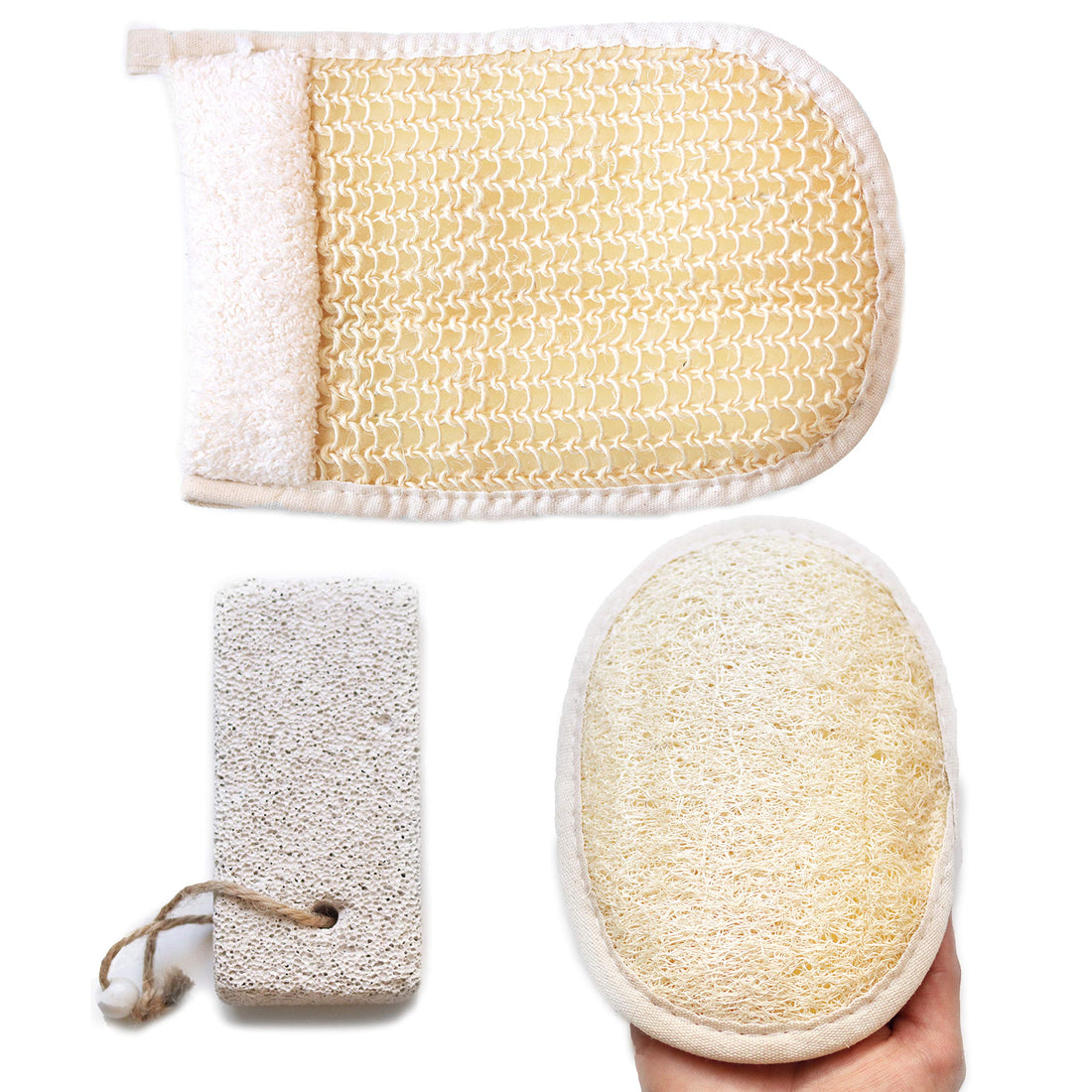Coimoon Set (Made in Europe)- Exfoliating Organic Loofah Face Pads And Shower Sponge with Natural Pumice Stone, Loofa, Puff Sponge Scrubber Body For Men and Women (3 Piece Set, Natural)