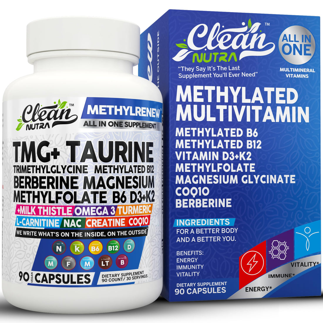 Clean Nutra Methylated Multivitamin for Women Men TMG Taurine Supplement + B6 Vitamins, B12, D3 K2, Magnesium Methylfolate Milk Thistle Omega 3 Turmeric NAC L Carnitine Creatine COQ10 B Complex Caps