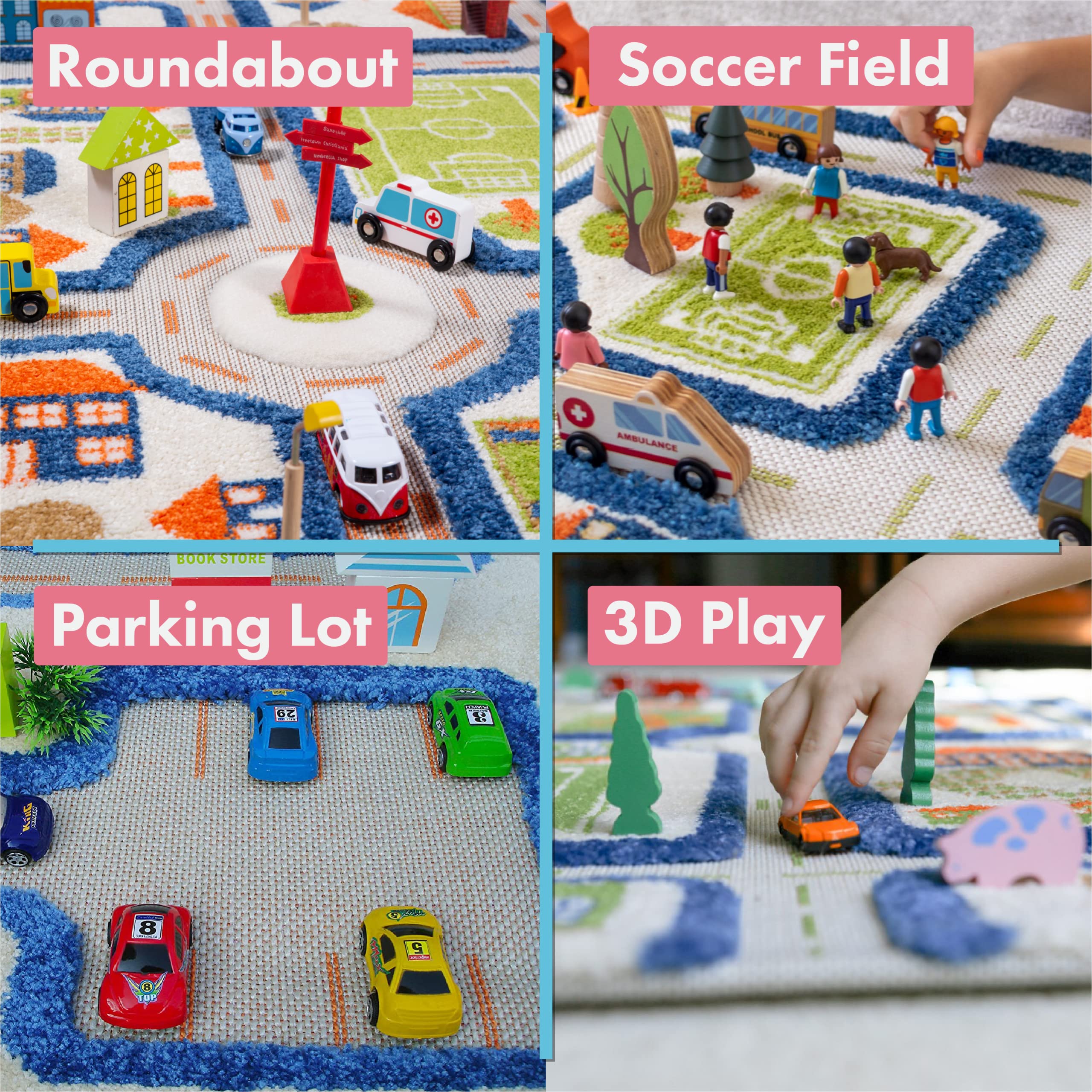 IVI Thick 3D Childrens Play Mat & Rug in A Colorful Town Design for Kids with Soccer Field, Car Park & Roads, Blue, 32 x 45 inches