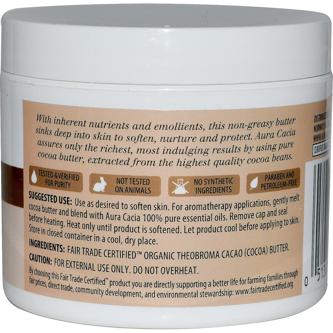 Aura Cacia Natural Cocoa Butter, Natural Body Butter, Fair Trade CertifiedTM, Organic, 4 Oz. Jar