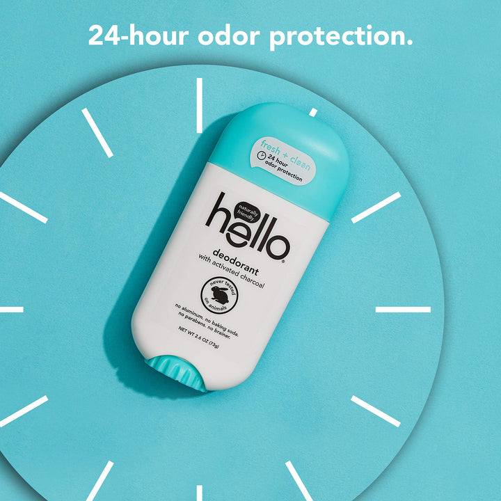 Hello Activated Charcoal Clean + Fresh Deodorant for Women + Men - Aluminum Free, No Baking Soda, Parabens, or Sulfates, 24 Hour Protection, 3 Count