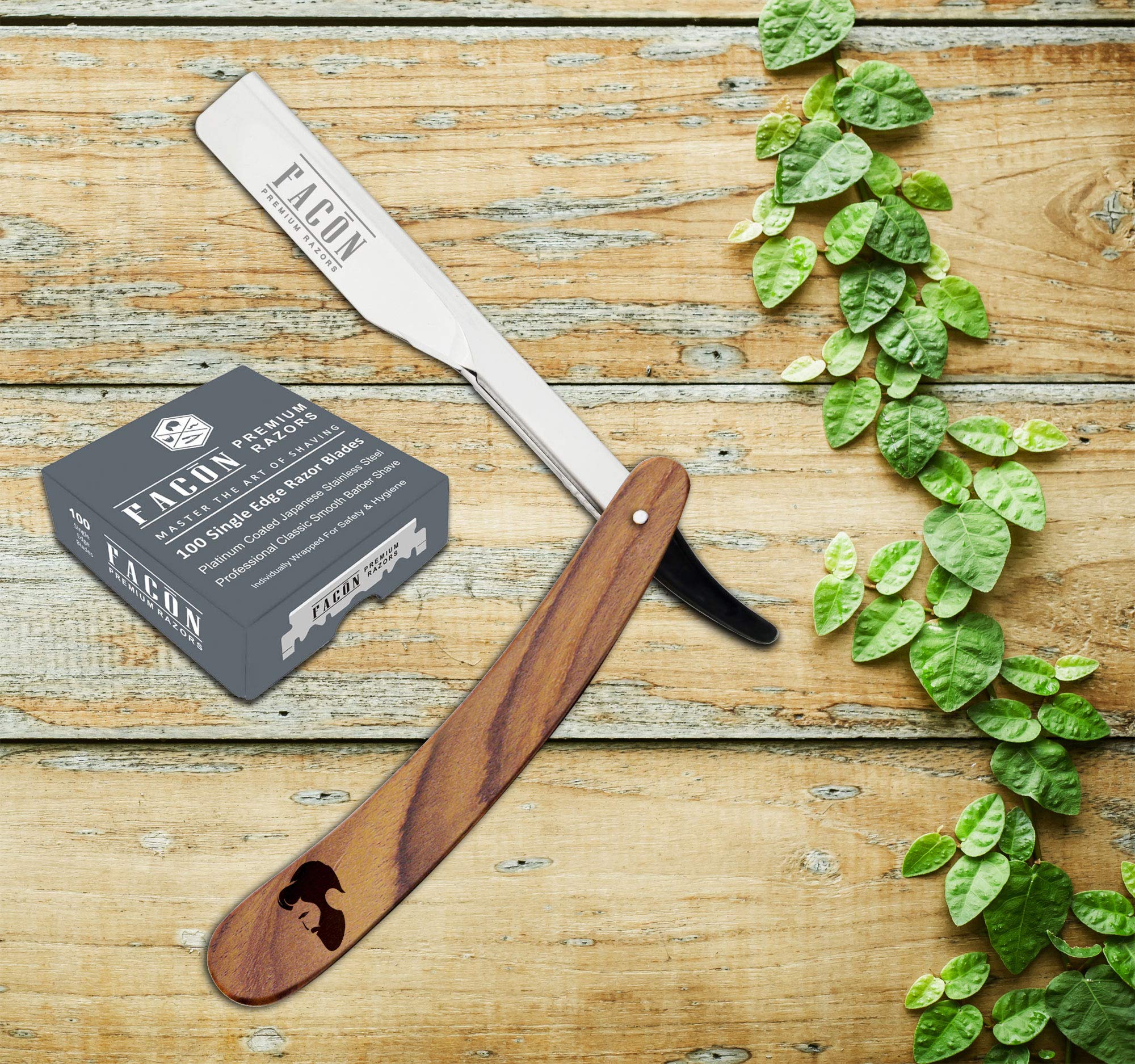 Facn Razors Professional Wooden Straight Edge Barber Razor with 5 DE Blades and Leather Case