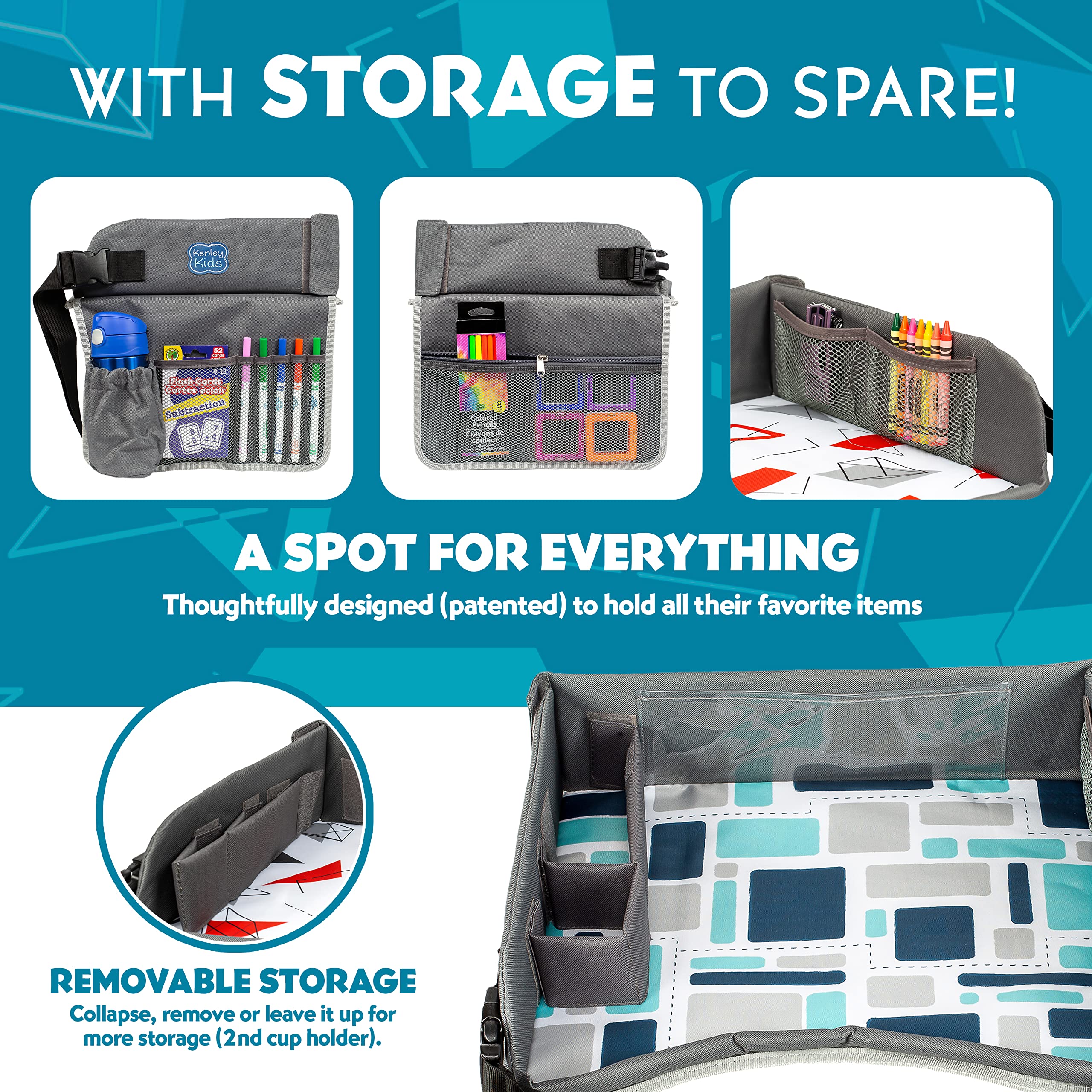 Kenley Kids Travel Tray, Toddler Car Seat Lap Tray, Road Trip Essentials Activity Table (Blue/Gray)