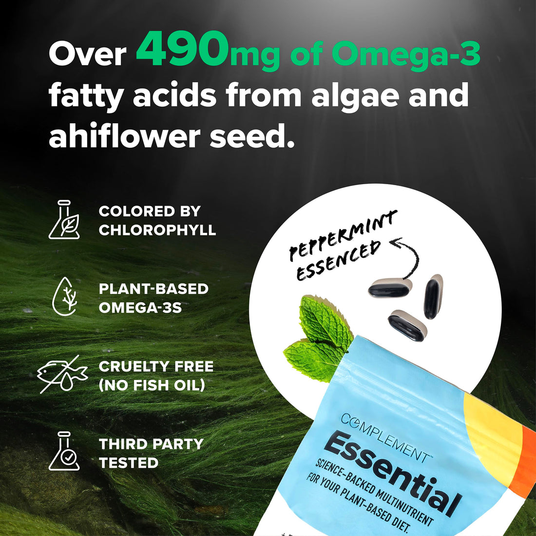 Complement Essential Vegan Multivitamin for Women & Men (30 Servings, 90 Capsules) Omega 3 DHA+EPA, B12, Vitamin D3 K2, Zinc, Selenium, Magnesium, Iodine Supplement - Immune Support