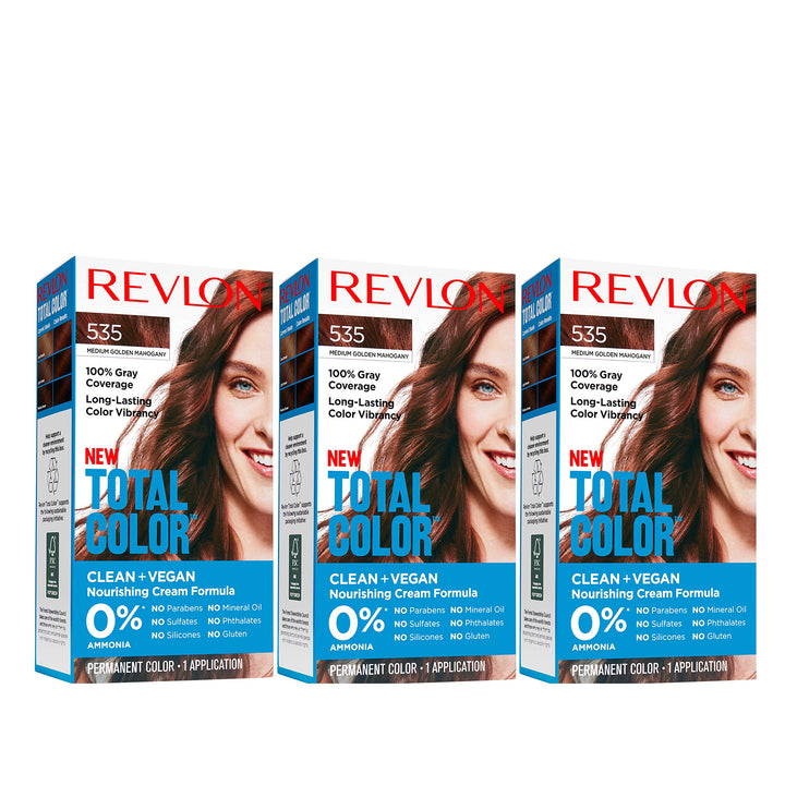 REVLON Total Color Permanent Hair Color, Clean and Vegan, 100% Gray Coverage Hair Dye, 535 Medium Golden Mahogany, 10.2 oz (Pack of 3)