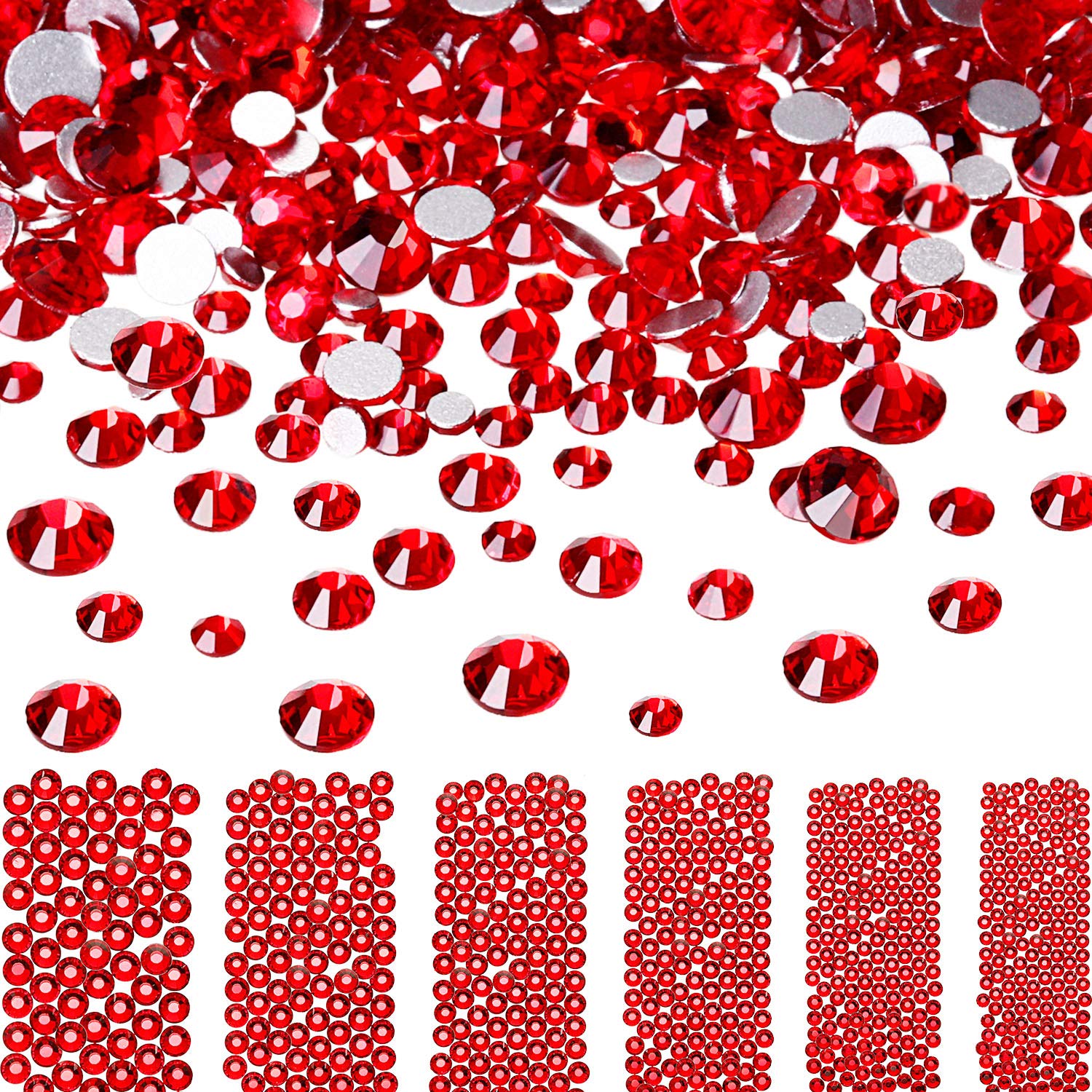 Red, Mixed Ss4 5 6 8 10 12: Bememo 3456 Pieces Nail Crystals Ab Nail Art Rhinestones Round Beads Flatback Glass Charms Gems Stones, 6 Sizes for Nails Decoration Makeup Clothes Shoes (Red, Mi