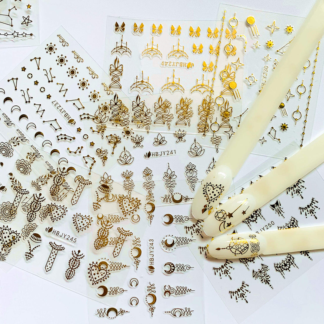 NAIL ANGEL 24 Sheets Nail Art Adhesive Gold Color Sticker Sheets Moon Star Universal Flower Shapes Sticker Sheets Nail Art Deco 10057