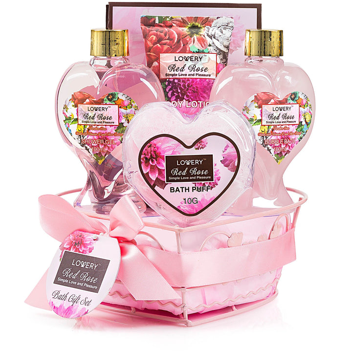 Christmas Gifts From Daughter & Son - Home Spa Gift Basket for Women - Red Rose Scent - Luxury Bath & Body Set with Shower Gel, Bubble Bath, Body Lotion, Bath Salt, Shower Puff and Wired Heart Basket