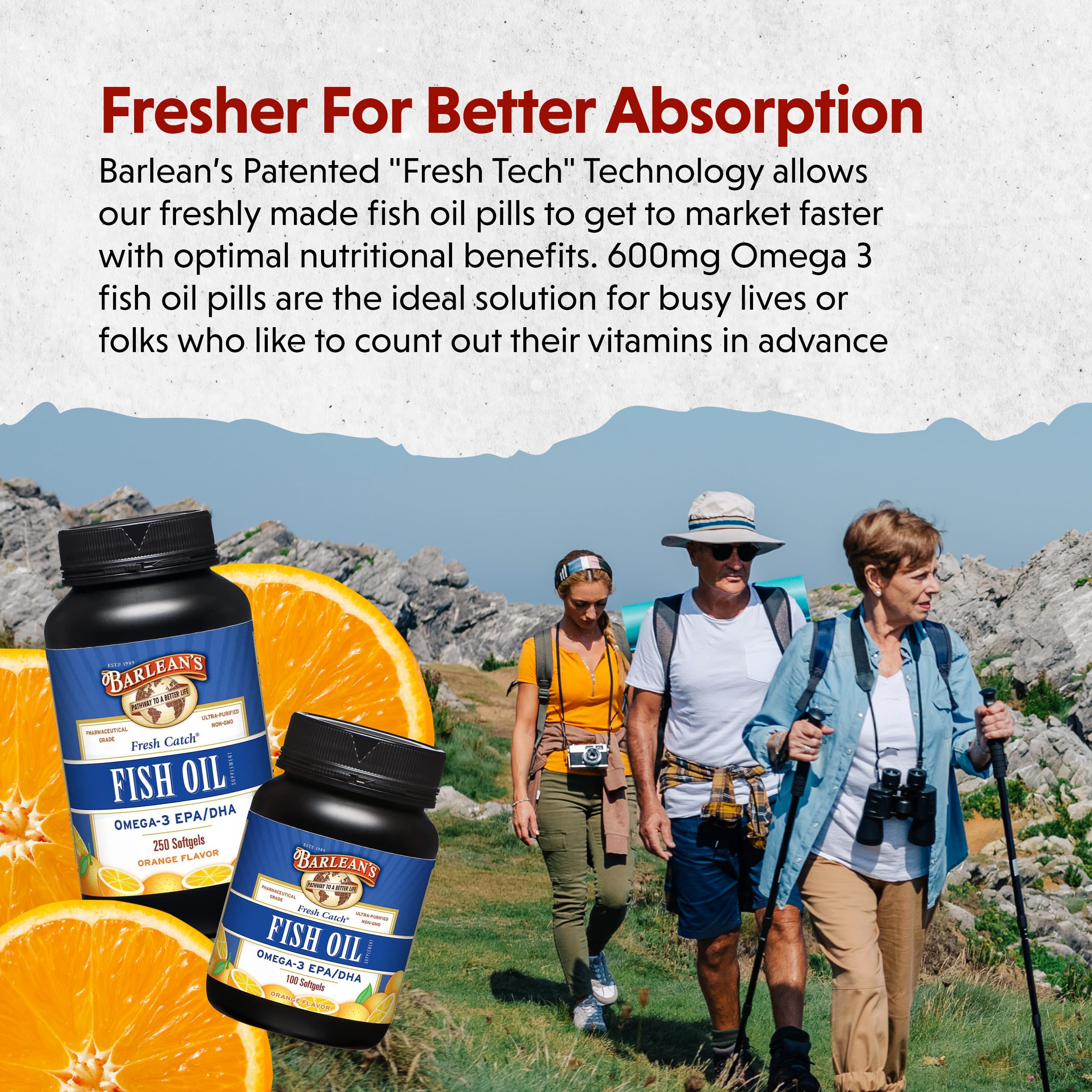 Barlean's Fish Oil Omega 3 Supplement, EPA & DHA Fatty Acid Softgels for Joint, Brain, & Heart Health, 600mg Orange Flavored Fish Oil Pills, 100 Count
