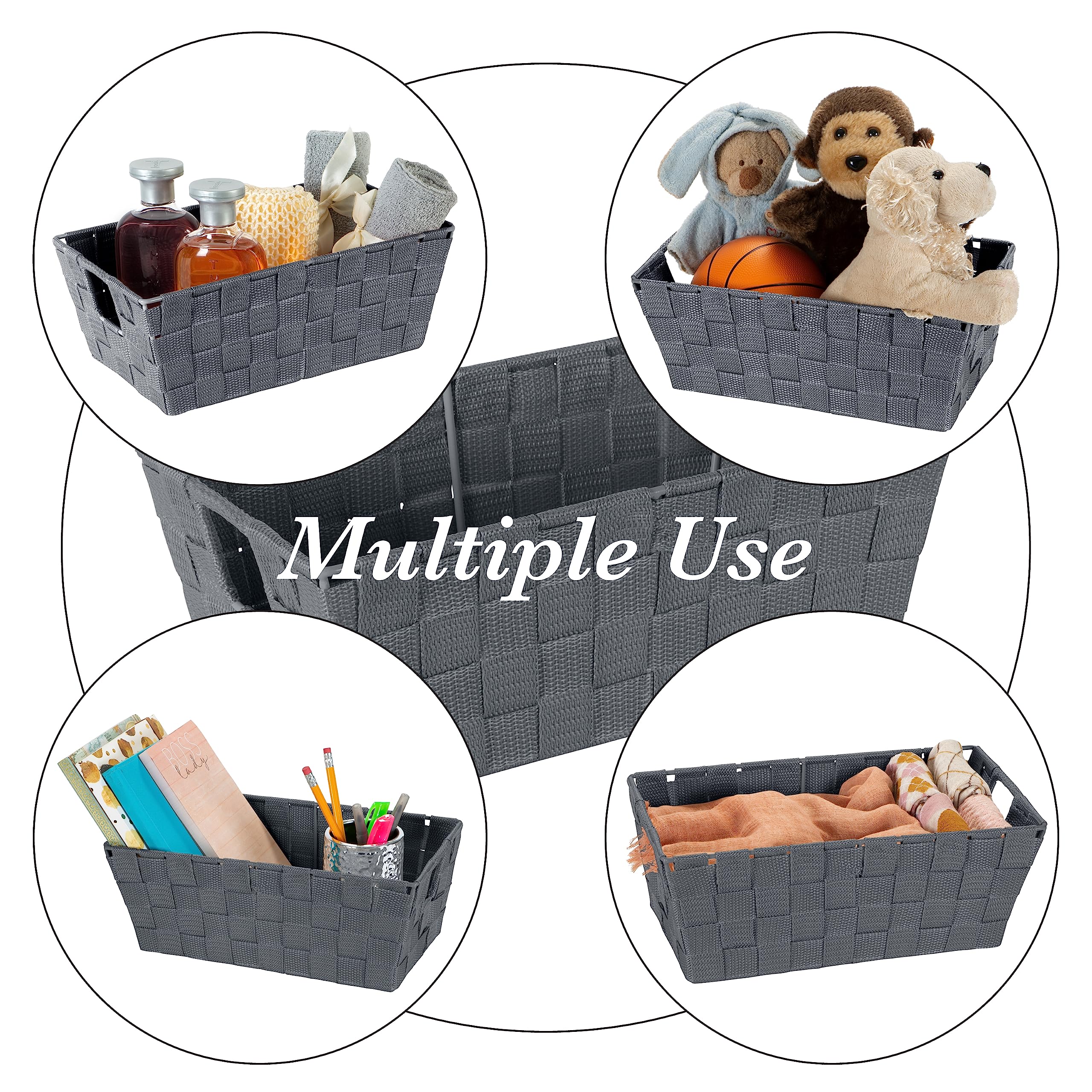 Simplify Small Shelf Woven Strap Tote | Decorative Storage Basket | Built in Handles | Organization | Closet | Bedroom | Bathroom | Nursery | Accessories | Toys | Gifts | 4 Pack | Grey