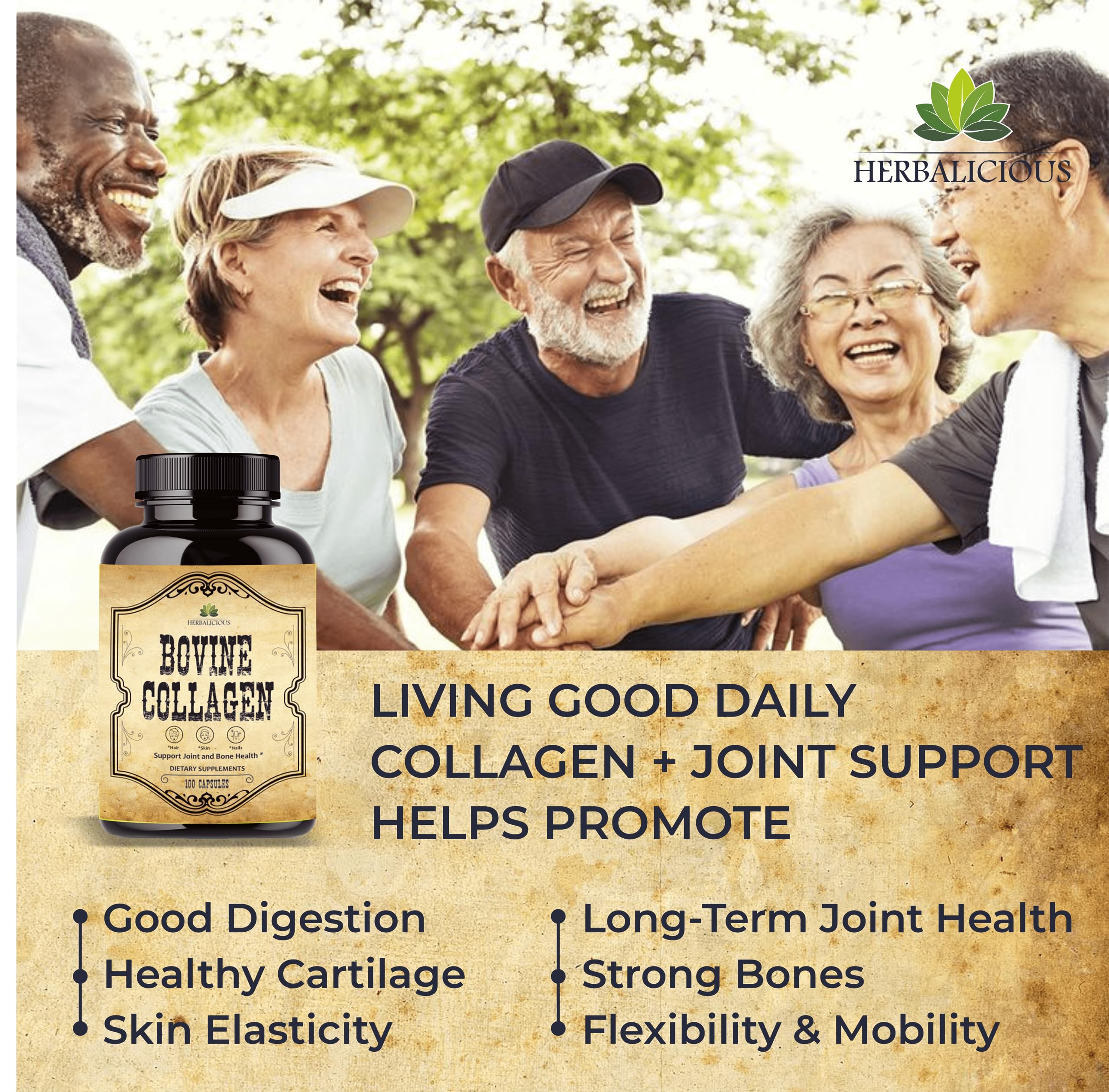 HERBALICIOUS Bovine Collagen Supplements for Men and Women I Hydrolyzed Grass Fed Bovine Collagen Peptides Dietary Supplement for Joint, Nerve & Bone Support - Non-GMO, Anti-Aging - 100 Capsules