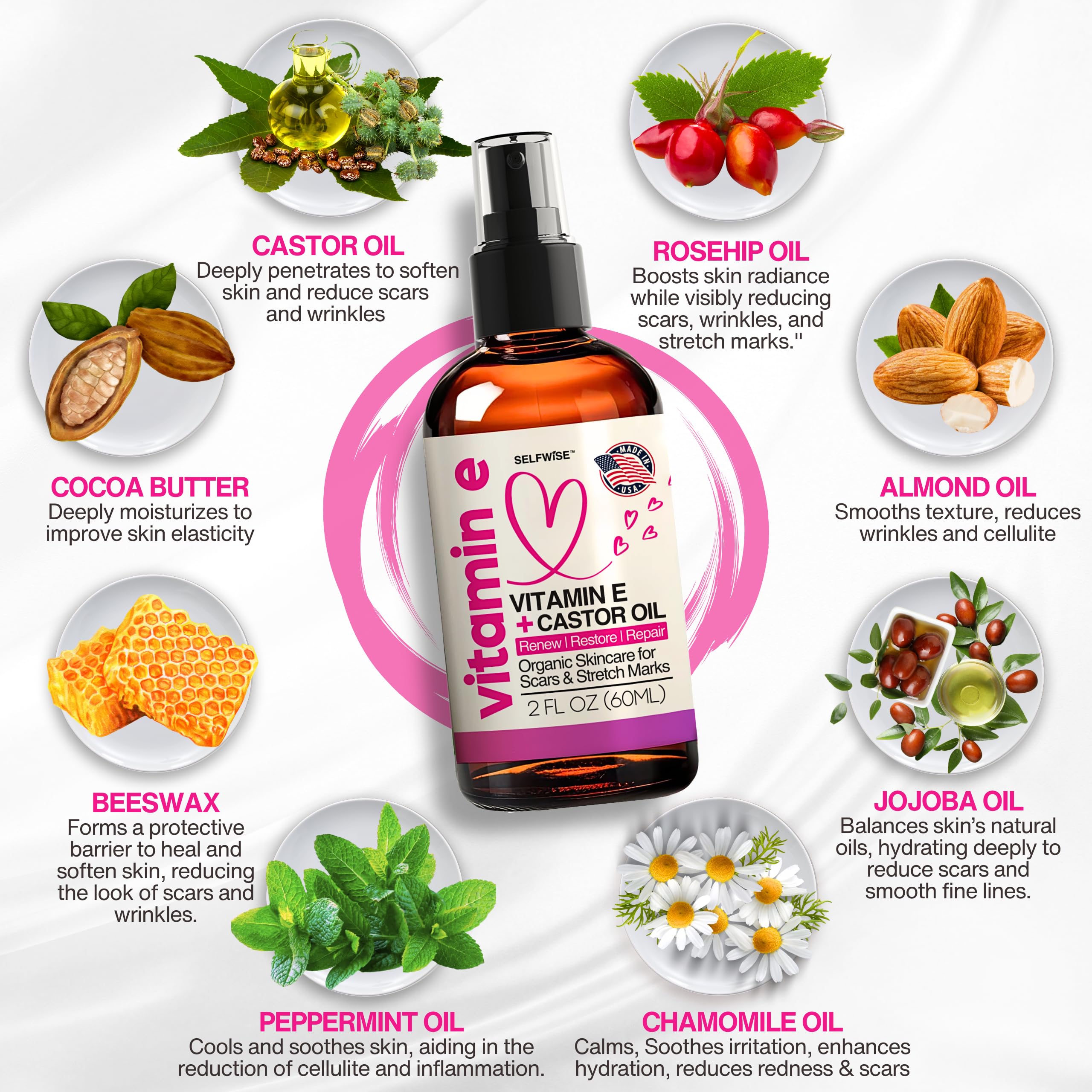 Organic Vitamin E Oil for Scars, Stretch Marks Removal, Wrinkles & Cellulite - Scar Away Treatment Bio Oil with Castor, Rosehip, Jojoba, Almond - Hydrating & Moisturizing Skincare - Face & Body Oil