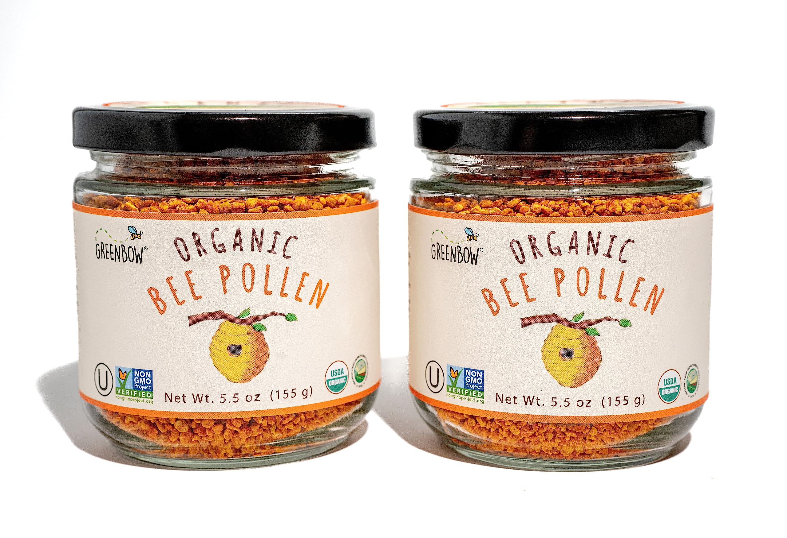 Greenbow Organic Bee Pollen - 100% USDA Certified Organic, Non-GMO, Pure, & Natural Bee Pollen - Superfood Packed with Proteins, Vitamins & Minerals - Kosher Certified, Gluten Free -155g x 2 Jars