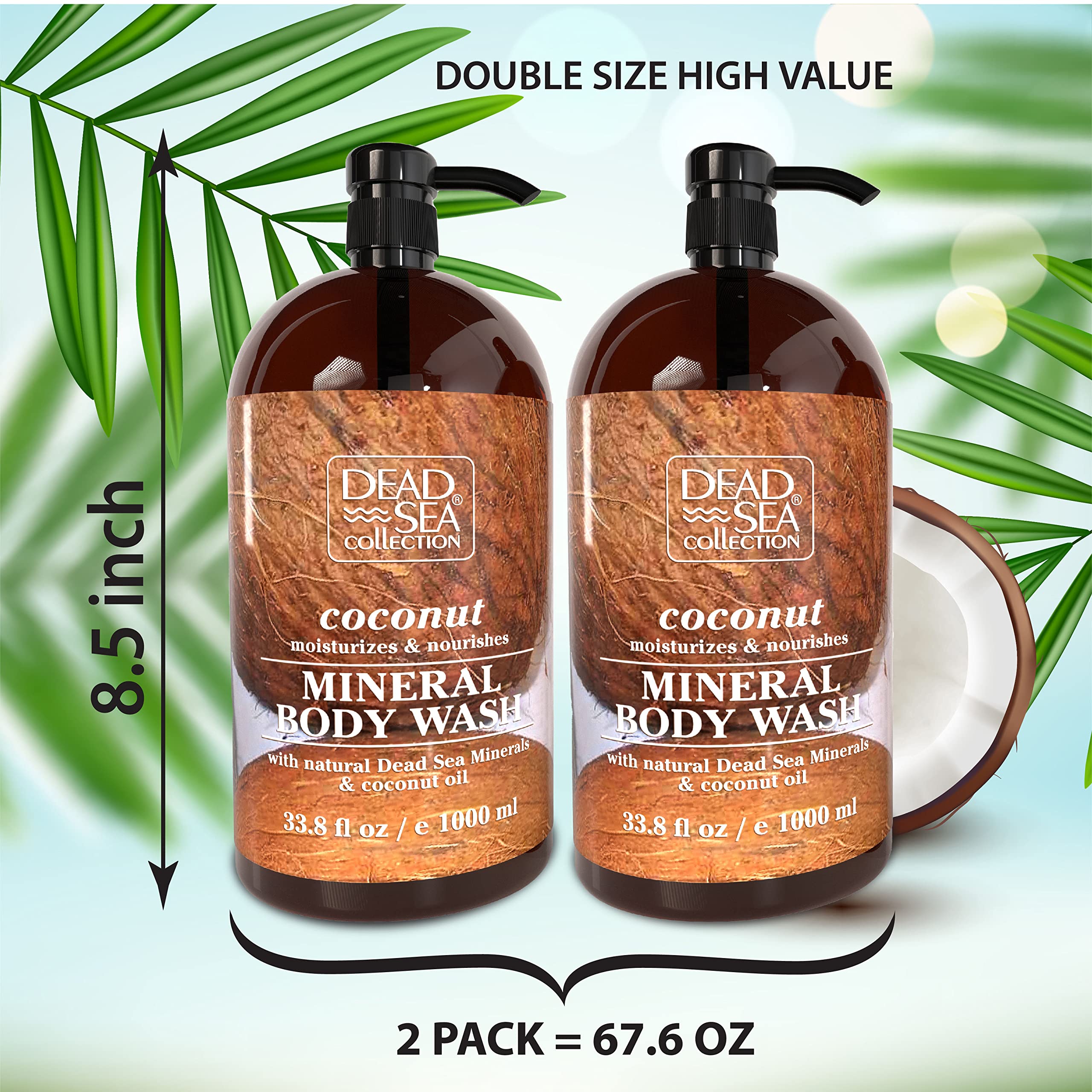 Dead Sea Collection Mineral Body Wash with Coconut Oil Moisturizes and Nourishes Set of 2 (33.8 fl.oz each) total of 67.6 fl.oz