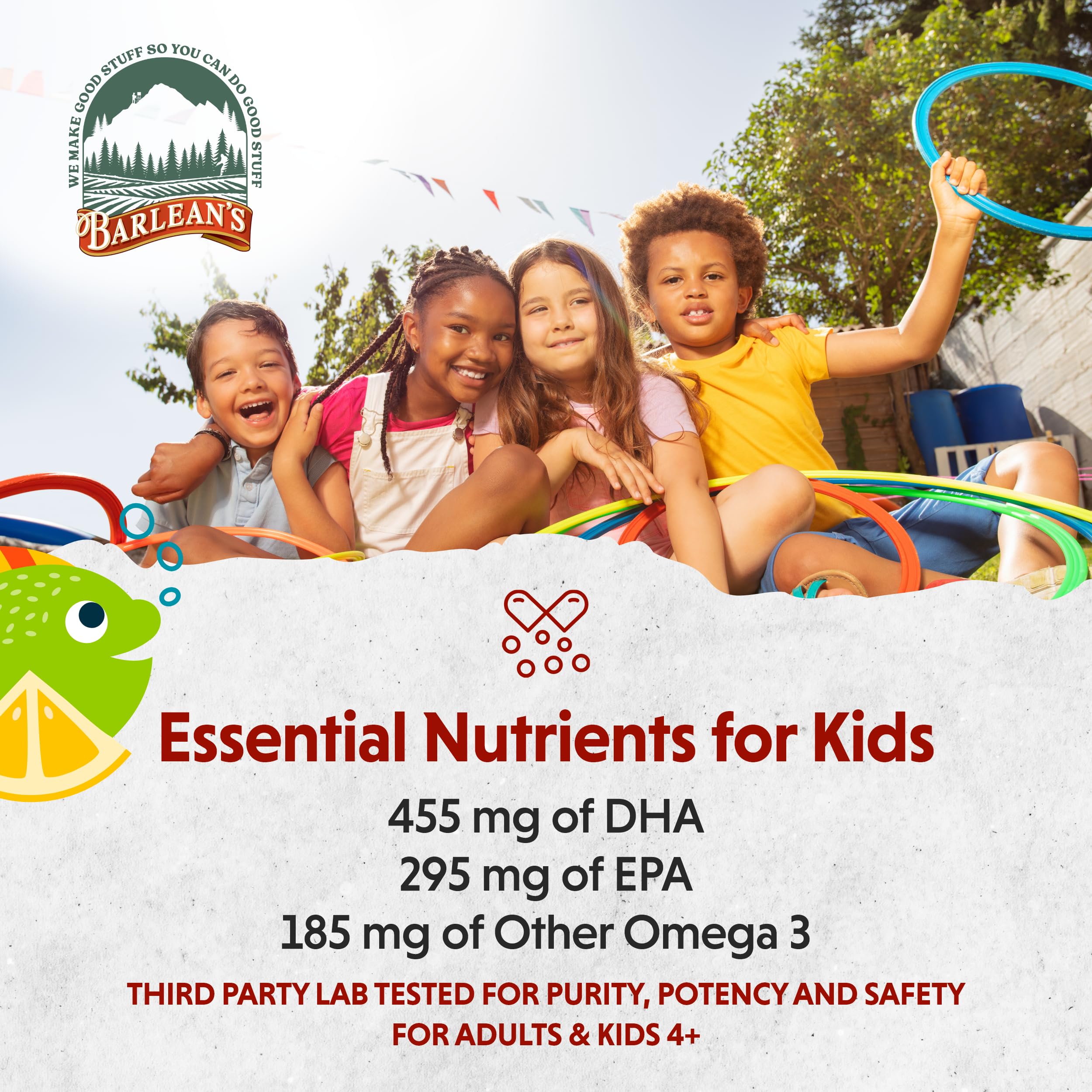 Barlean's Omega Pals Lipsmackin' Citrus Flavored Omega-3 for Kids, Yummy Children's Liquid Fish Oil Supplement with 750 mg of EPA & DHA for Brain & Eye Health, 8 oz
