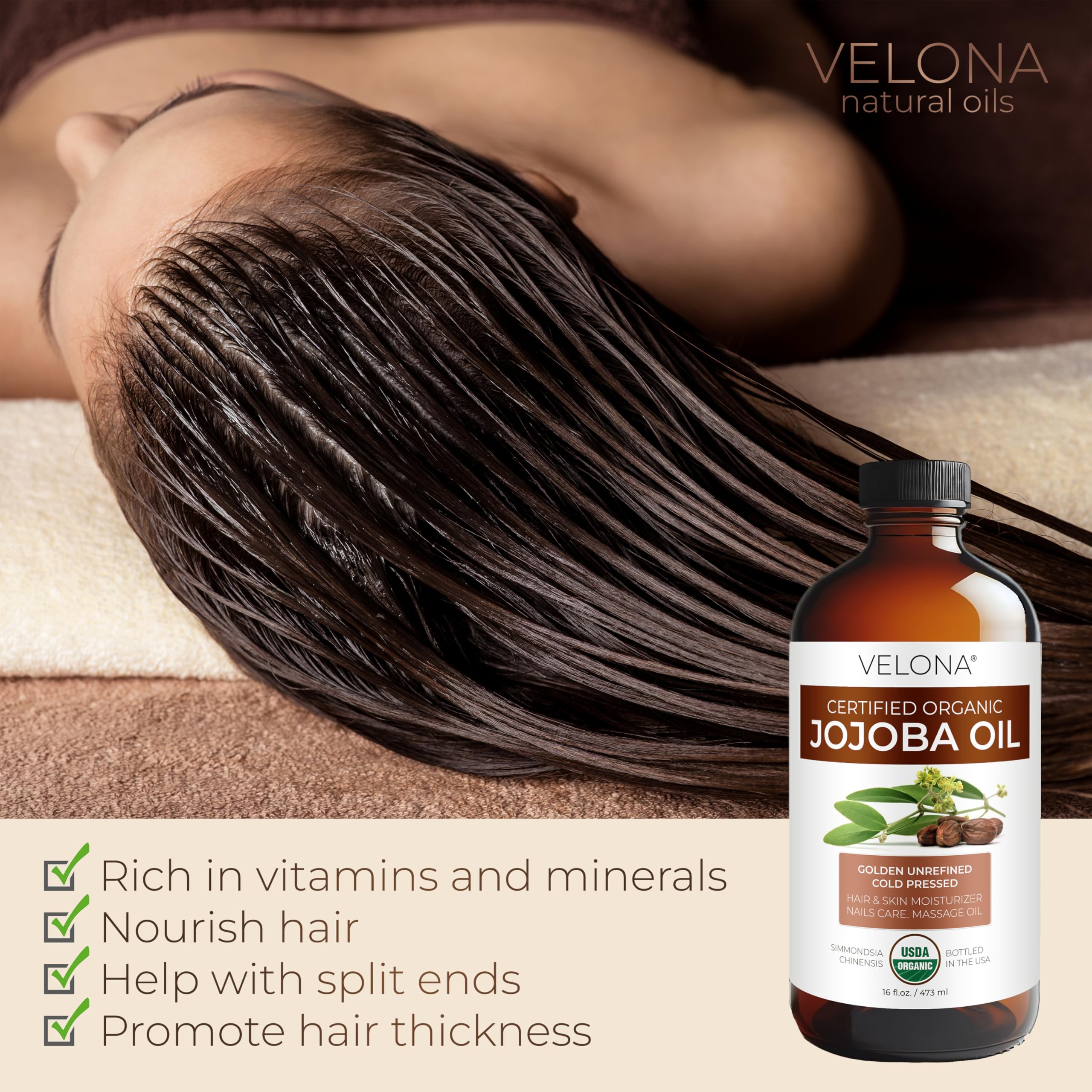 velona USDA Certified Organic Jojoba Oil - 16 Fl Oz in Glass Bottle | 100% Pure and Natural | Golden, Unrefined, Cold Pressed, Hexane Free