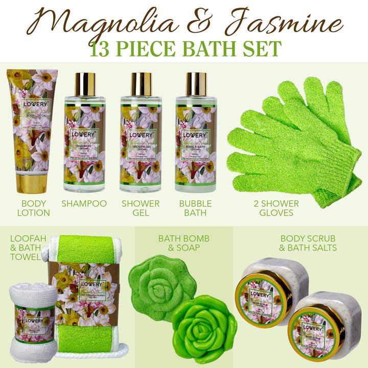 Bath and Body Gift Basket For Women & Men ââ‚¬â€œ Magnolia and Jasmine Home Spa Set, Includes Fragrant Lotions, Bath Bomb, Towel, Shower Gloves, Green Wired Bread Basket and More - 13 Piece Set