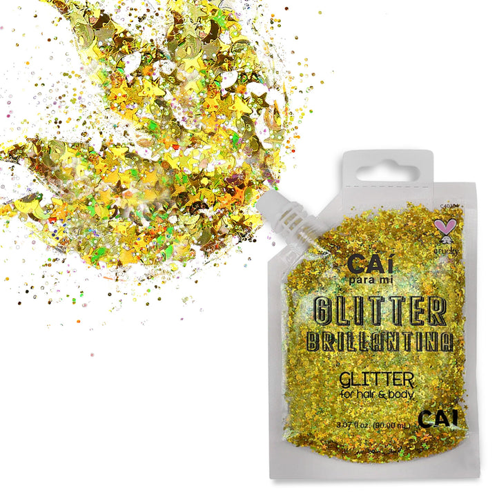 Body Glitter Gel- Face, Body & Hair (1 Pk Gold) Chunky Iridescent Holograph Stars & Moon, 3 oz | Cosmetic-Grade Makeup, Apply Without Glue, Easy to Take Off & Keep Skin Clean - for Concerts, Raves