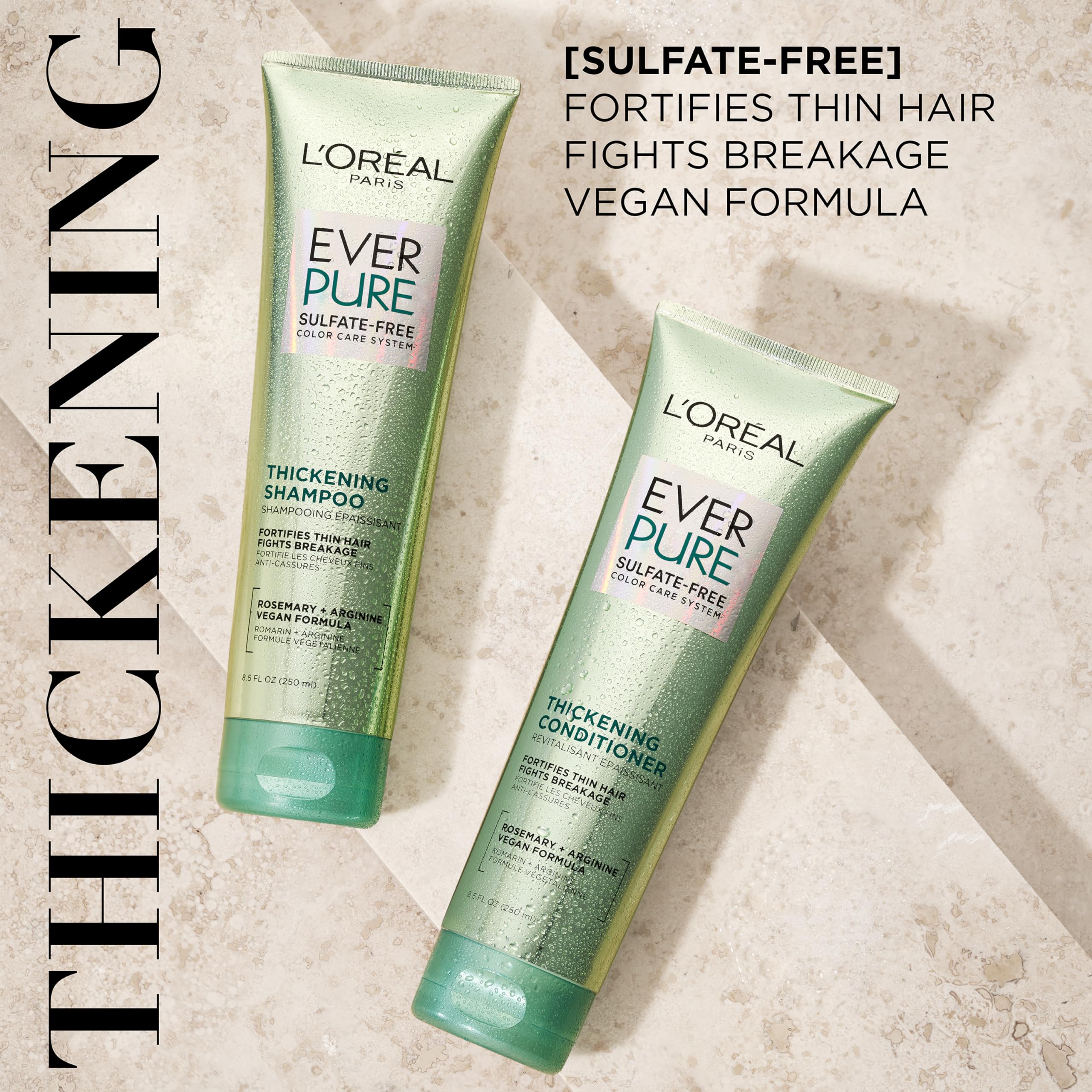 L'Oreal Paris Thickening Sulfate Free Shampoo, Thickens + Strengthens Thin, Fragile Hair, Hair Care with Rosemary Leaf, EverPure, 8.5 Fl Oz (Packaging May Vary)