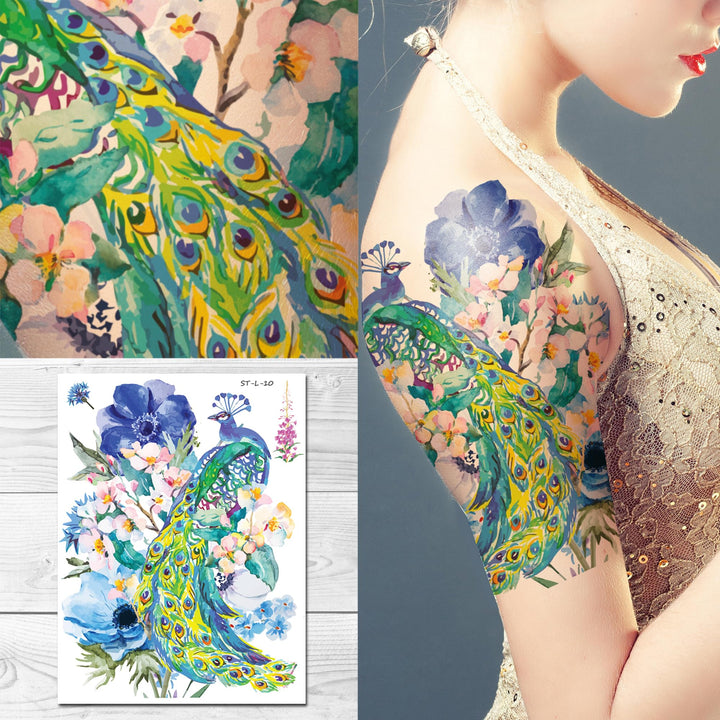 Supperb Temporary Tattoos - Watercolor Dream of peacock & Blue Flowers