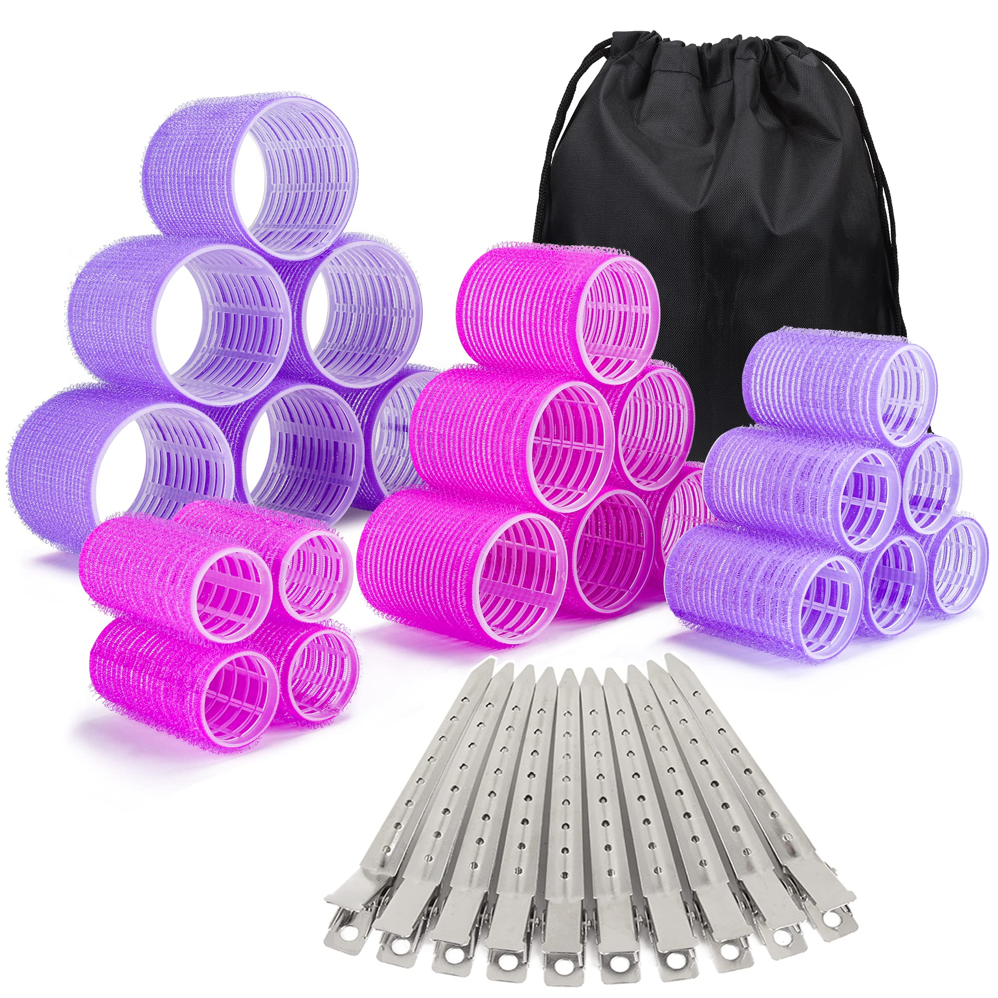 33 Piece Hair Rollers set, Self Grip Hair Rollers for Long Medium Short Hair, ELASO Large Medium Hair Curler (22 Rollers + 10 Stainless steel Clip +1 Storage Bag)