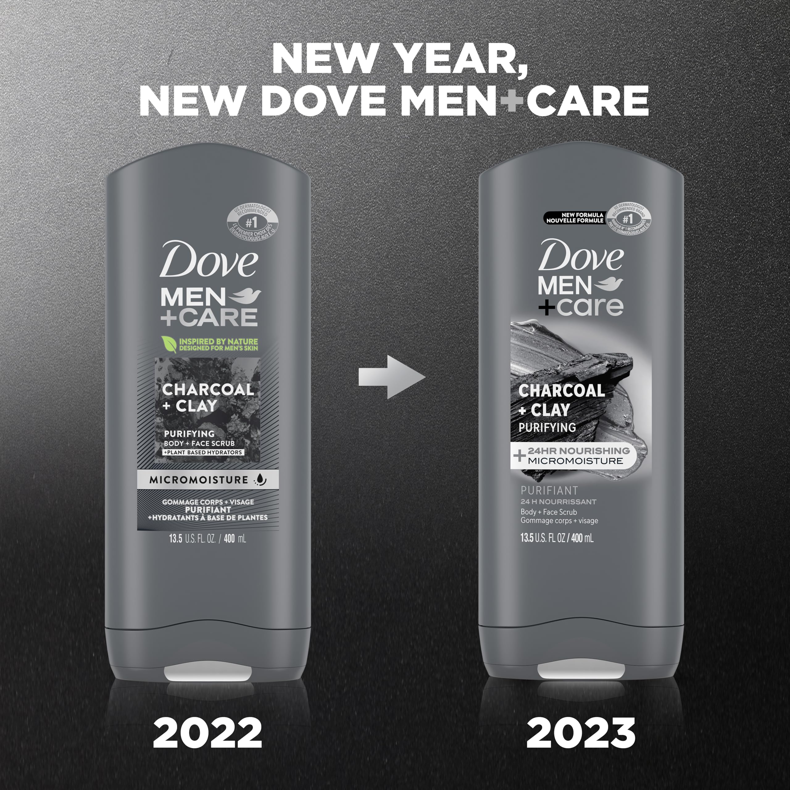 DOVE MEN + CARE Purifying Charcoal + Clay Body and Face Wash with 24-Hour Nourishing Micromoisture Technology Body Wash for Men, 13.5 oz