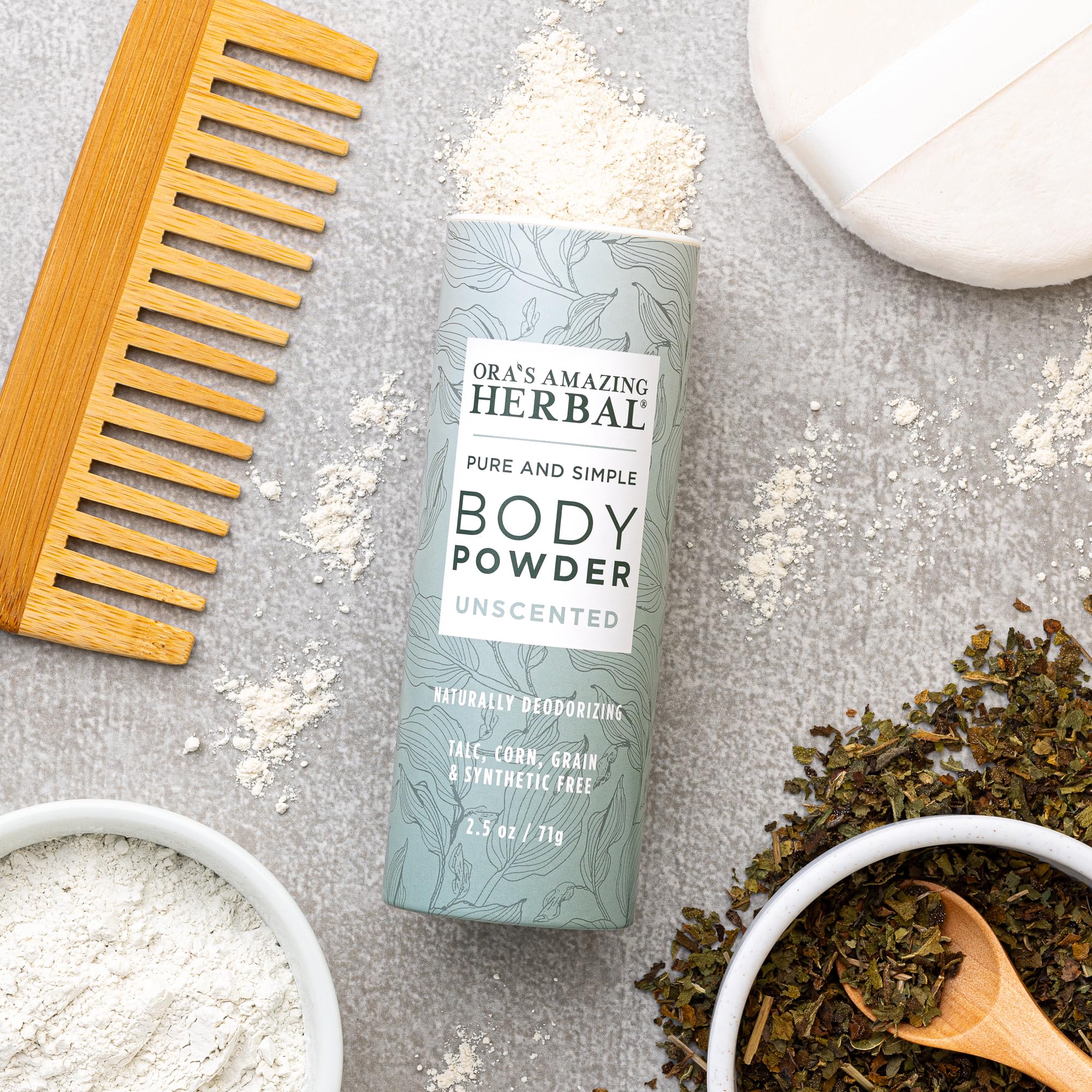 Fragrance Free Body Powder for Women and Men, Unscented Talc Free Talcum Powder, Cornstarch Free Dusting, Waxing, Natural Sugaring, Foot Powder, Dry Shampoo, Made in USA, Ora’s Amazing Herbal, 2.5 oz