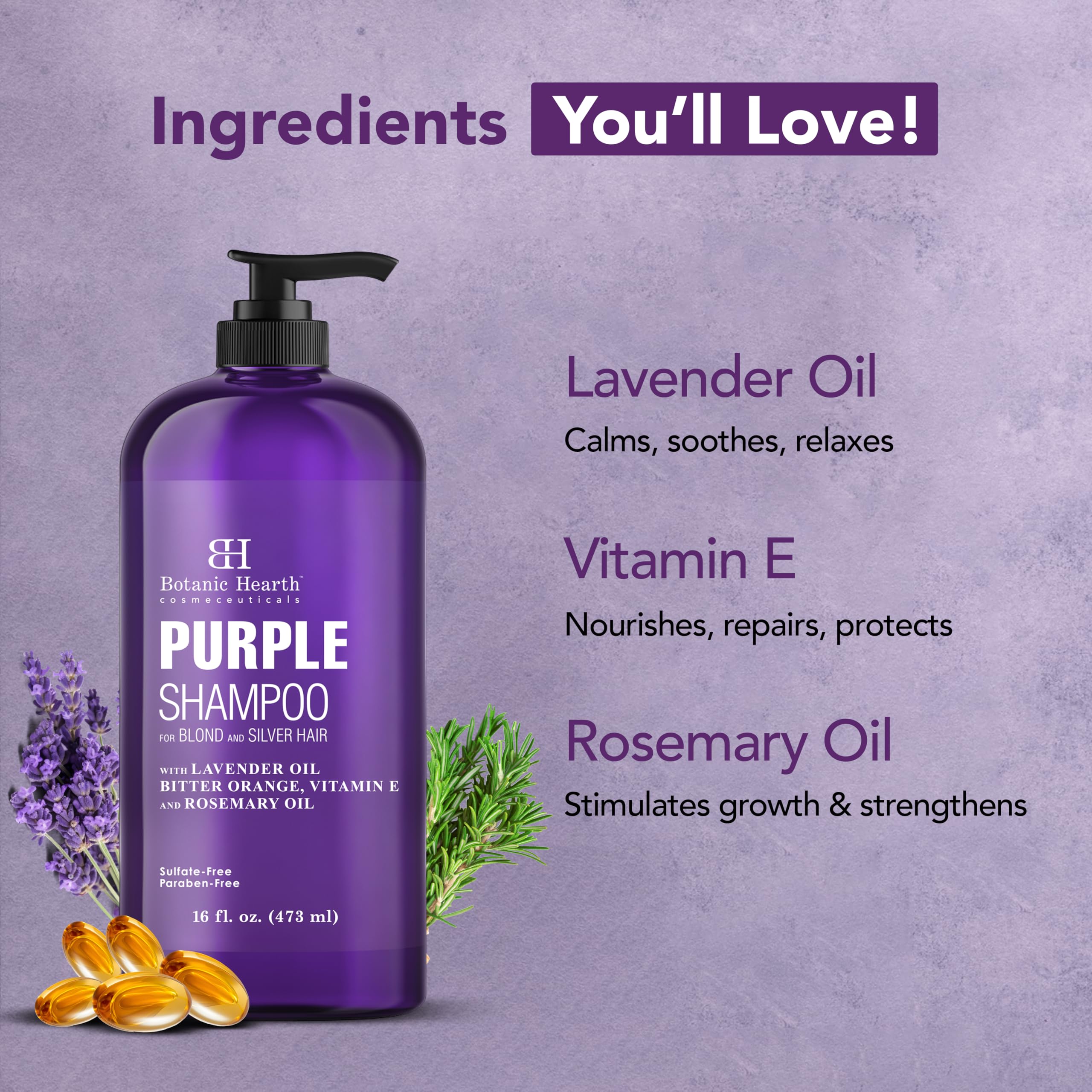 Botanic Hearth Purple Shampoo 16 Fl Oz | For All Shades Of Blonde, Silver & Gray Hair | With Lavender Oil, Vitamin E & Rosemary Oil | Sulfate & Paraben Free