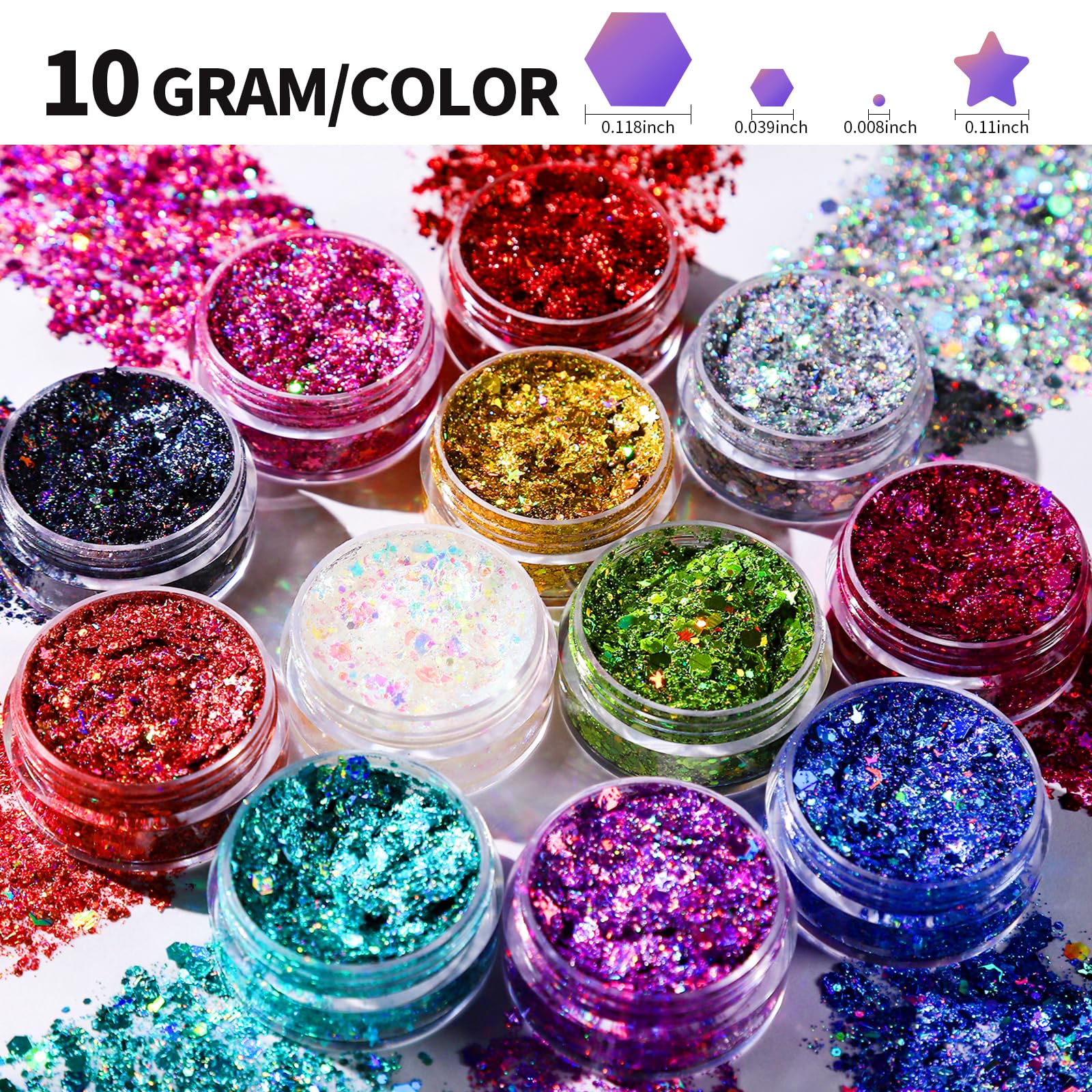 Teenitor Face Glitter Makeup Hair Glitter, 12 Colors Face and Body Glitter Gel for Festival Makeup, Gel Glitter for Face, Body, Hair, Total 120g/4.23oz