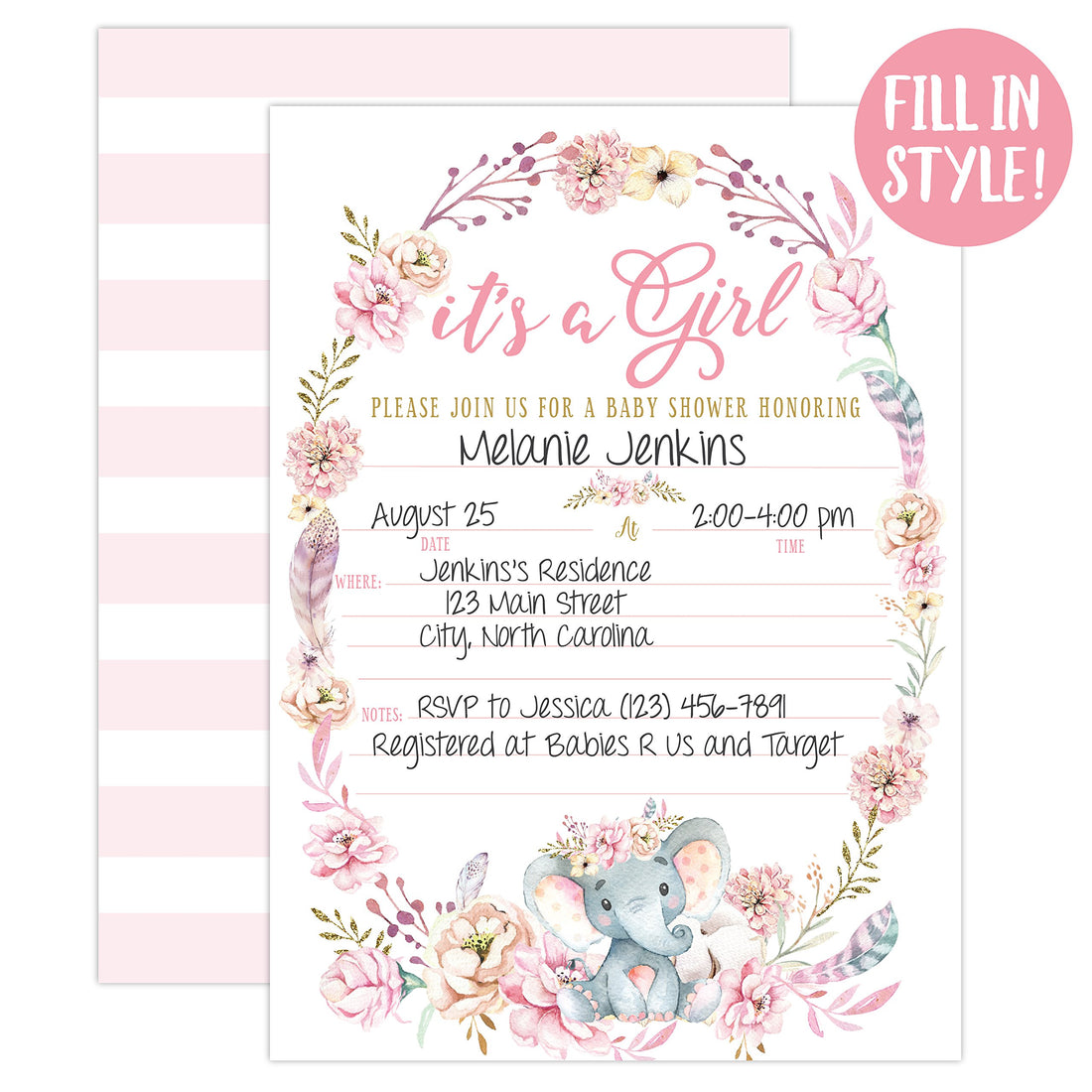 Elephant Baby Shower Invitation, Girl Pink Elephant Baby Shower, Jungle Baby Girl Shower Invite, It's a Girl, Baby Sprinkle Invite, 20 Fill in Invitations and Envelopes