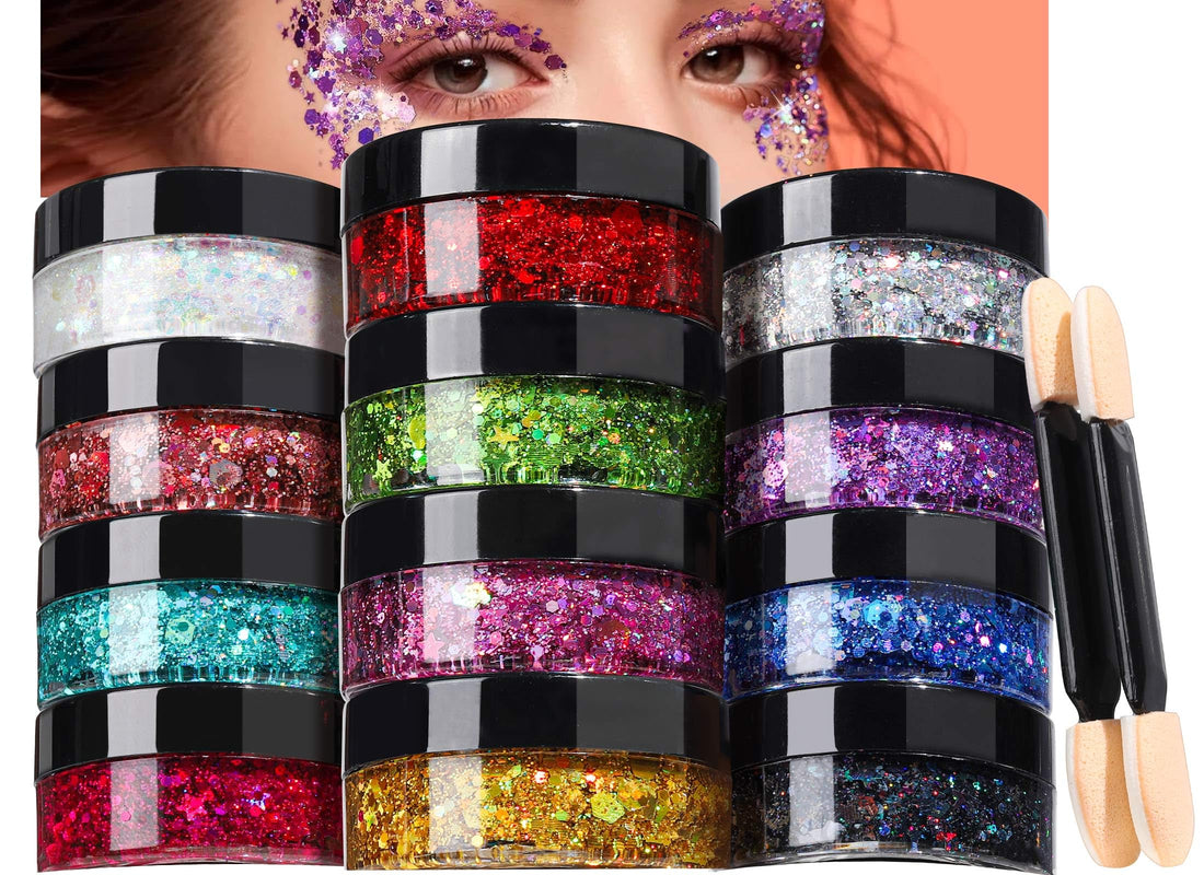 Teenitor Face Glitter Makeup Hair Glitter, 12 Colors Face and Body Glitter Gel for Festival Makeup, Gel Glitter for Face, Body, Hair, Total 120g/4.23oz