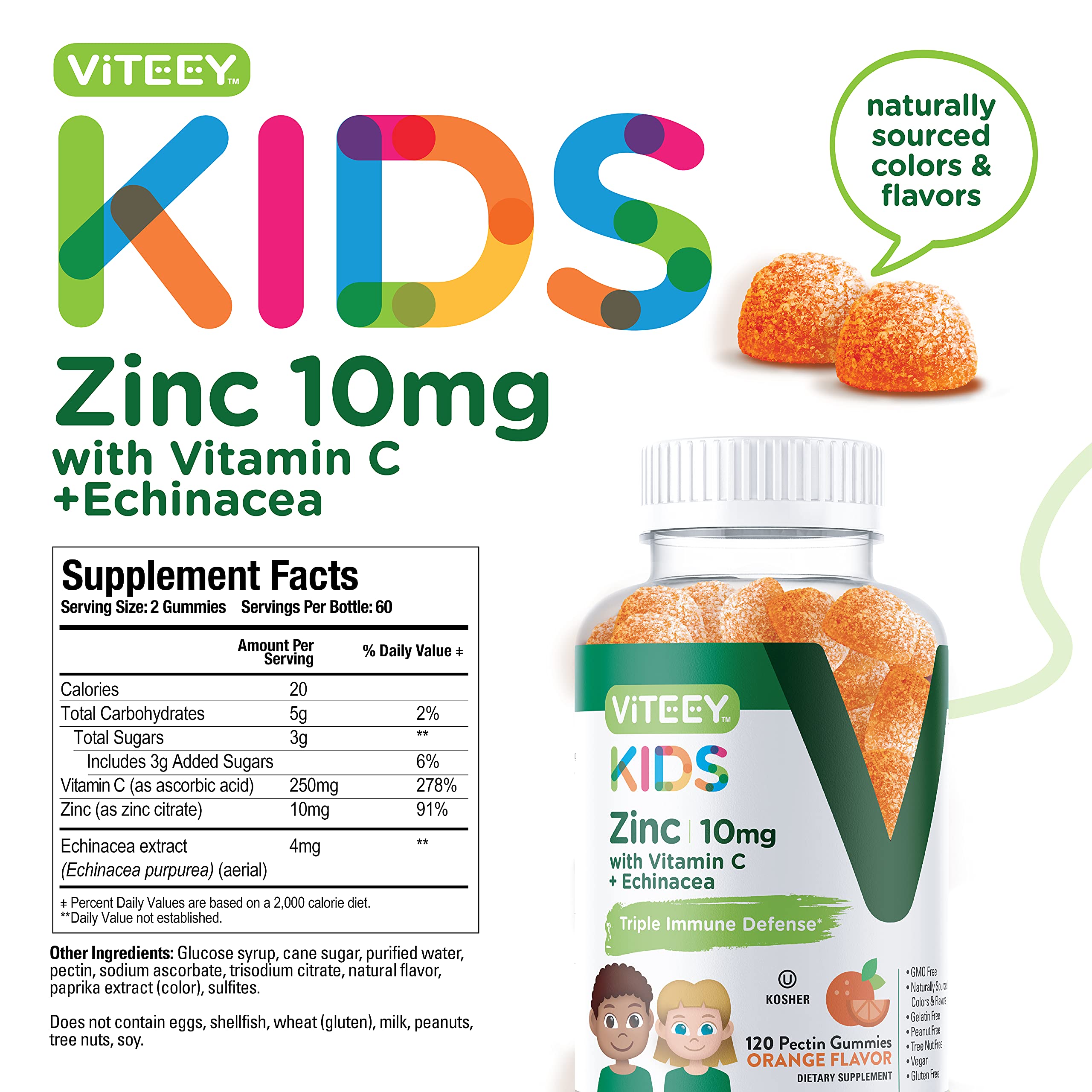 Zinc for Kids Gummies 10mg, with Vitamin C & Echinacea for Kids - Immune Support, Powerful Natural Antioxidant, Kids Zinc Vitamin Supplement - Vegan, Gelatin Free - Tasty Chewable Orange Flavor Gummy