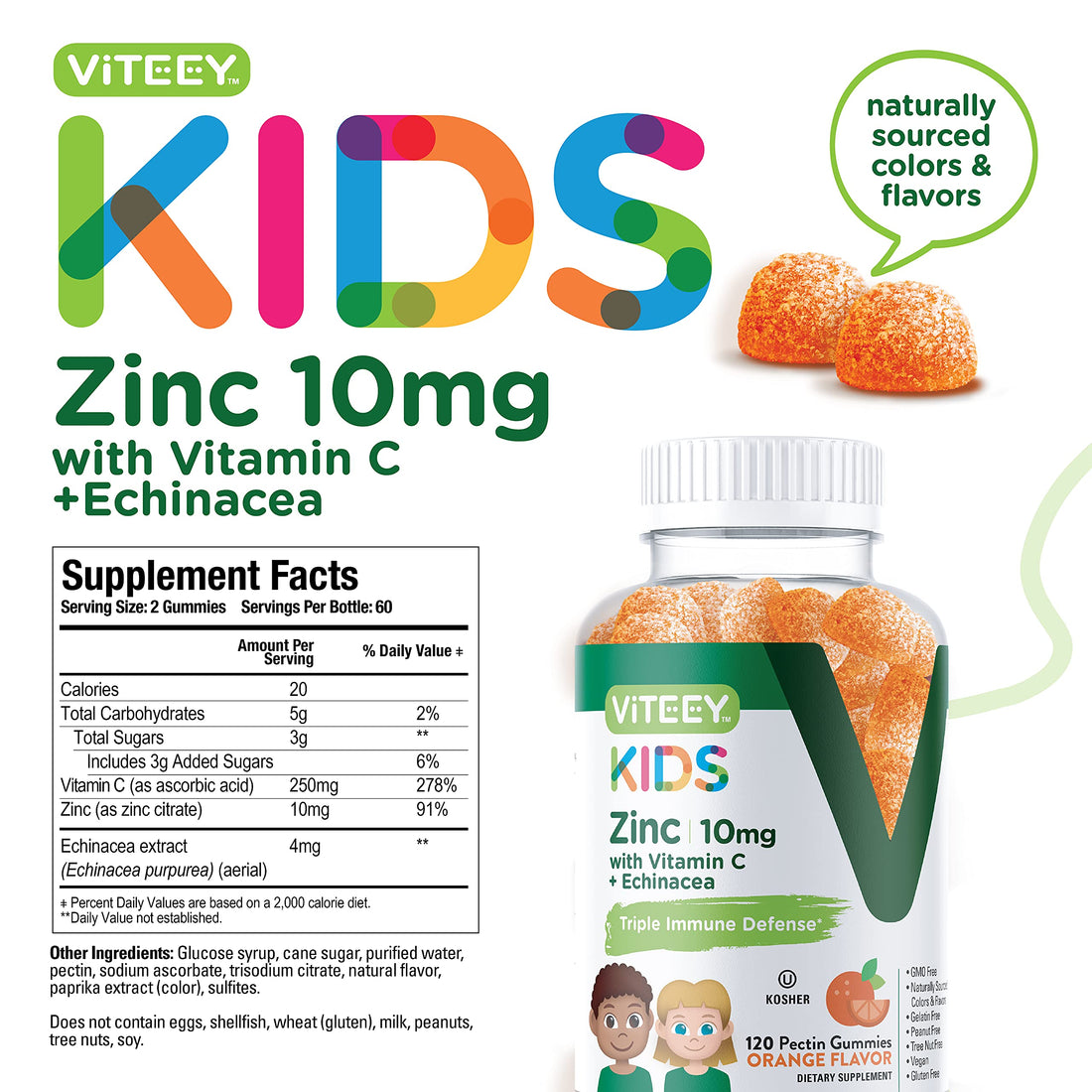 Zinc for Kids Gummies 10mg, with Vitamin C & Echinacea for Kids - Immune Support, Powerful Natural Antioxidant, Kids Zinc Vitamin Supplement - Vegan, Gelatin Free - Tasty Chewable Orange Flavor Gummy
