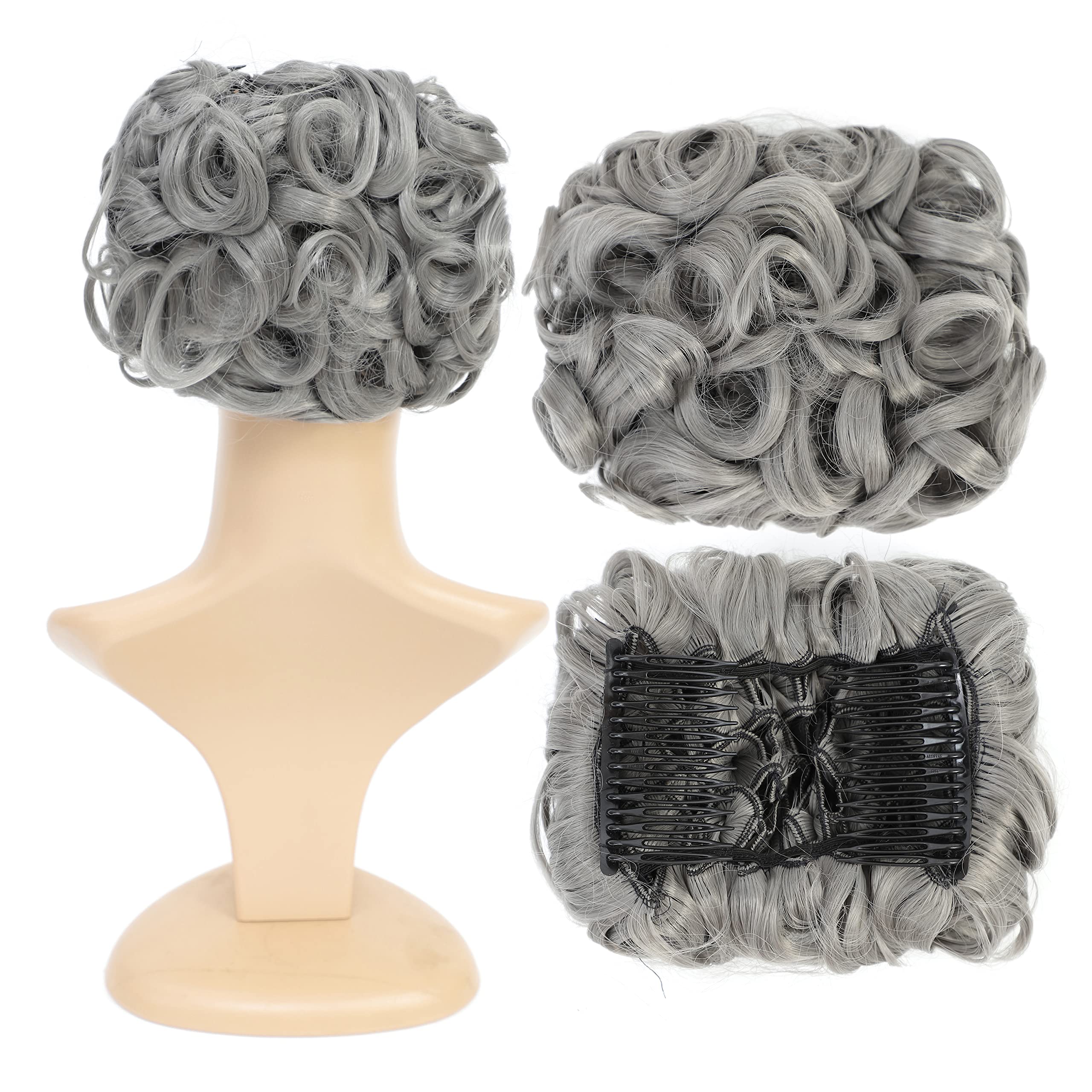 SWACC Short Messy Curly Dish Hair Bun Extension Easy Stretch hair Combs Clip in Ponytail Extension Scrunchie Chignon Tray Ponytail Hairpieces (Grey)
