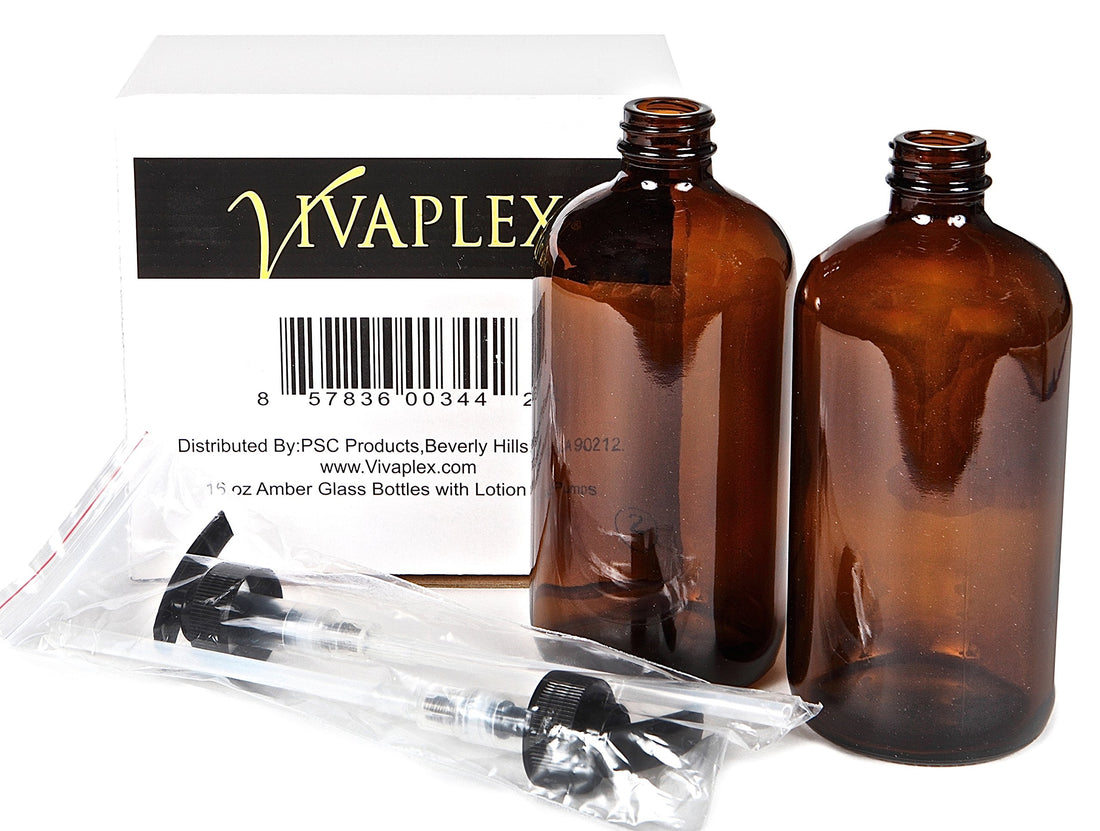 Vivaplex, 2, Large, 16 oz, Empty, Amber Glass Bottles with Black Lotion Pumps