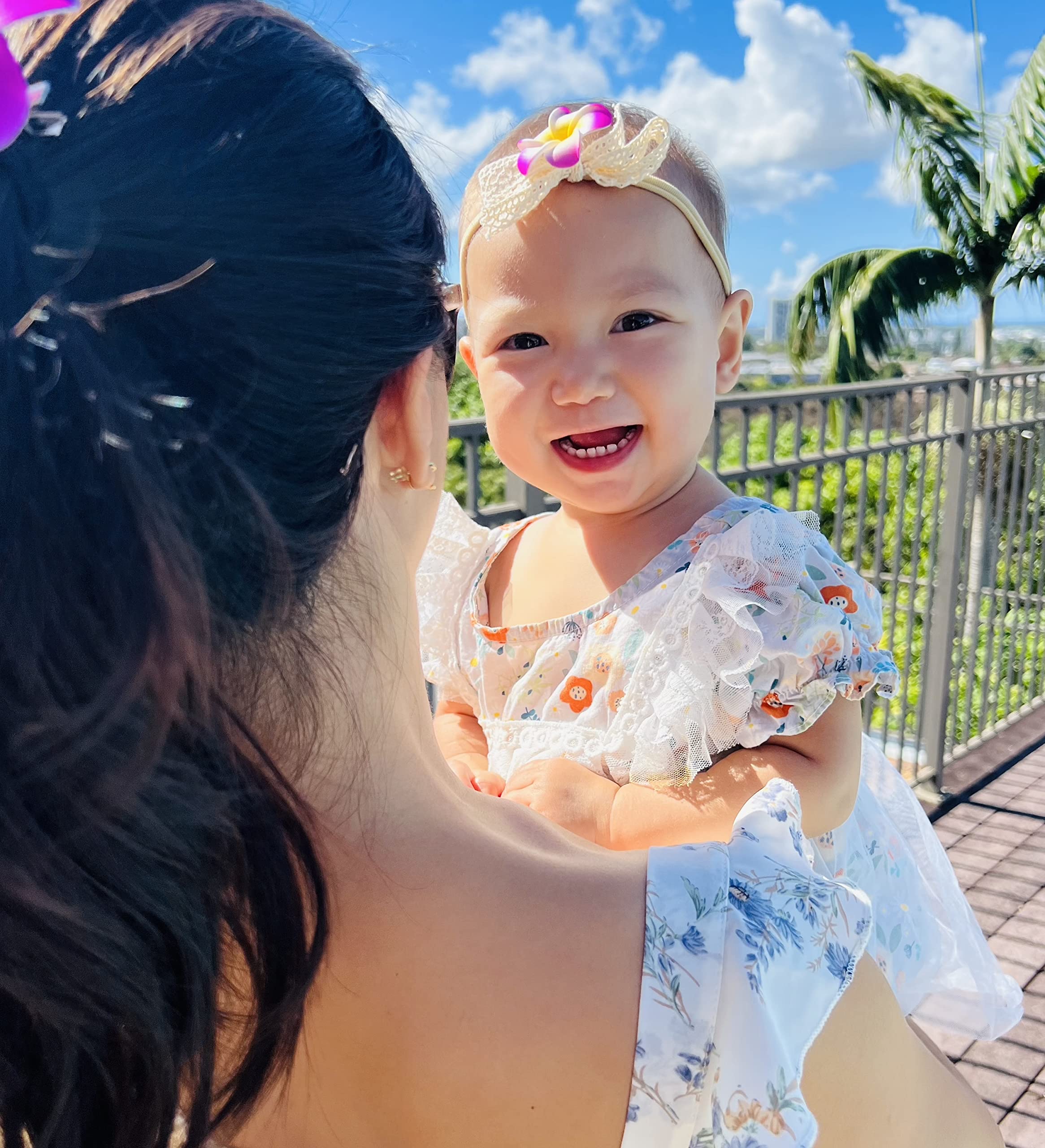 All Things Lani 2 Pack Handmade Hawaiian Plumeria Flower Headband for Babies Baby Girls (Lilac + Dawn Pink)