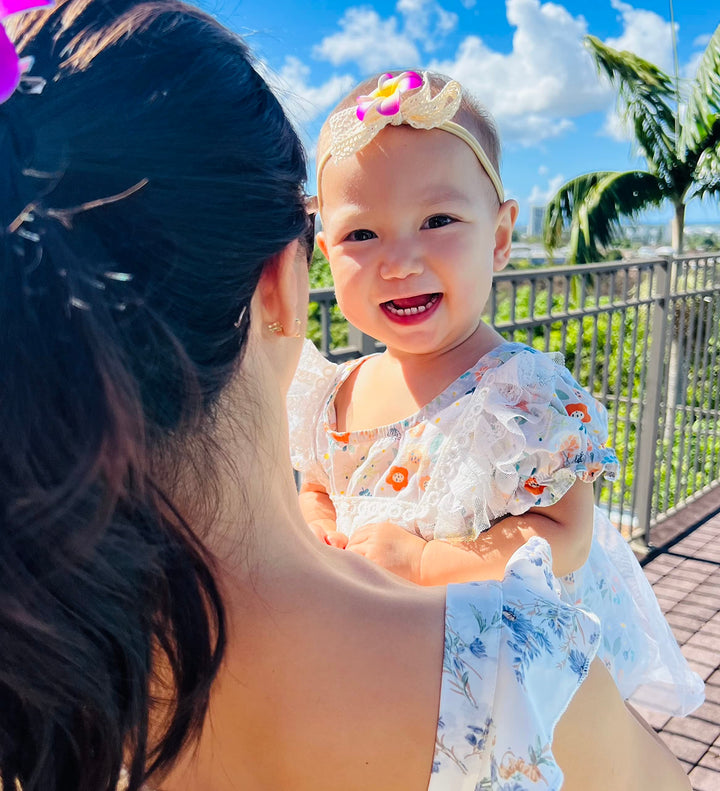 All Things Lani 2 Pack Handmade Hawaiian Plumeria Flower Headband for Babies Baby Girls (Lilac + Dawn Pink)