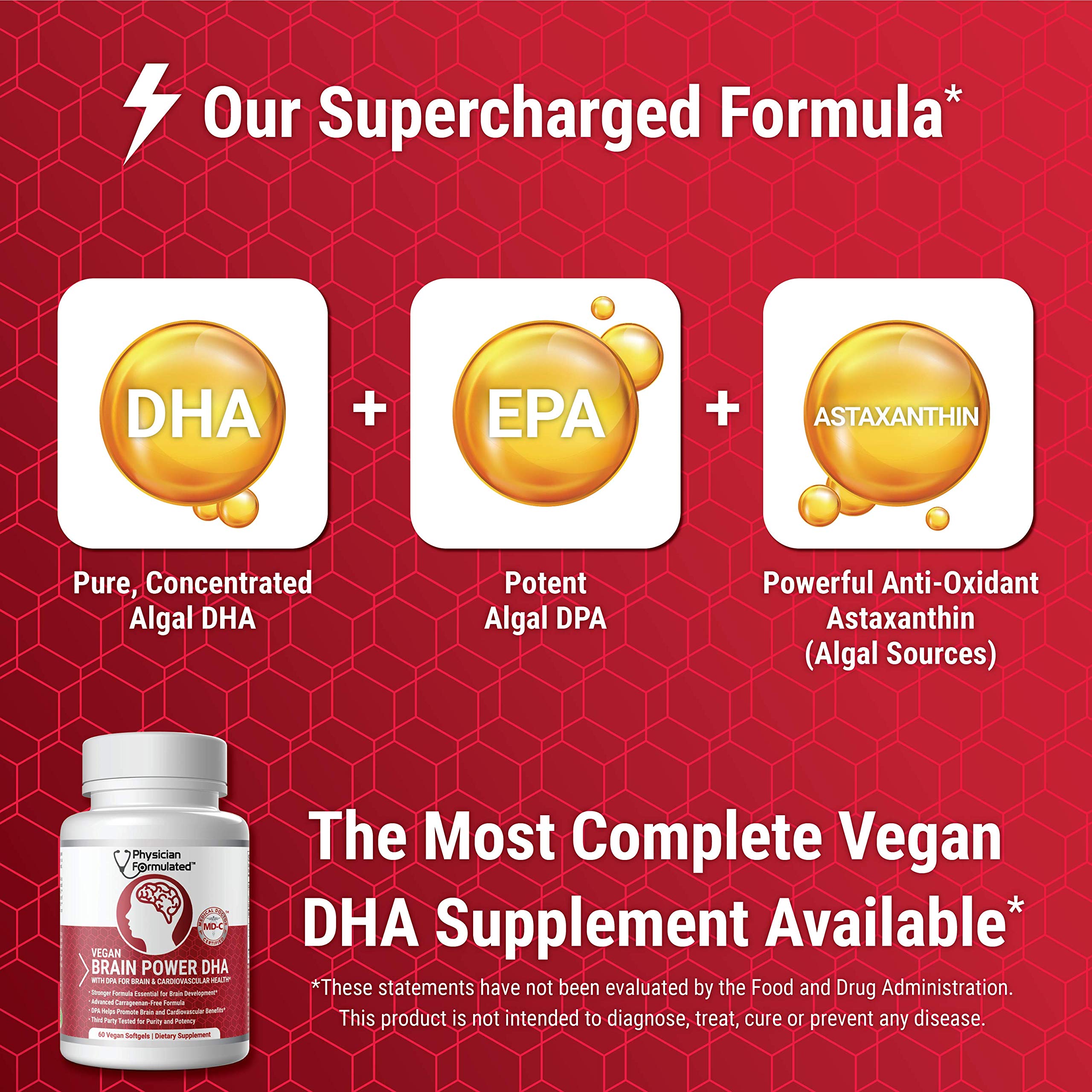 Physician Formulated Vegan DHA for Brain and Prenatal 100% Algae Based Omega 3 Essential Fatty Acids with NO Carrageenan, NO Vegetable Oil Plus 2500mcg Astaxanthin