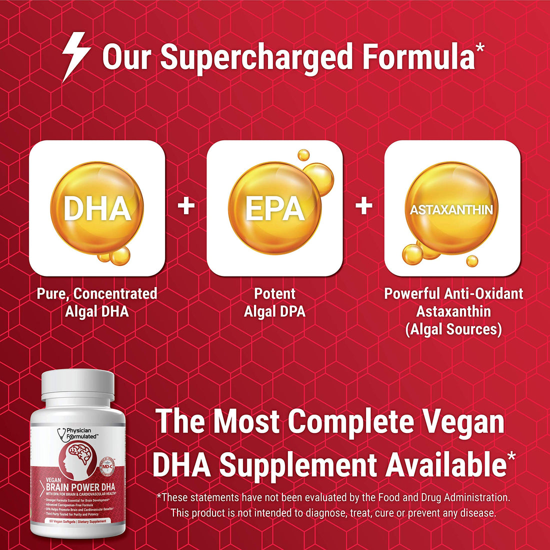 Physician Formulated Vegan DHA for Brain and Prenatal 100% Algae Based Omega 3 Essential Fatty Acids with NO Carrageenan, NO Vegetable Oil Plus 2500mcg Astaxanthin