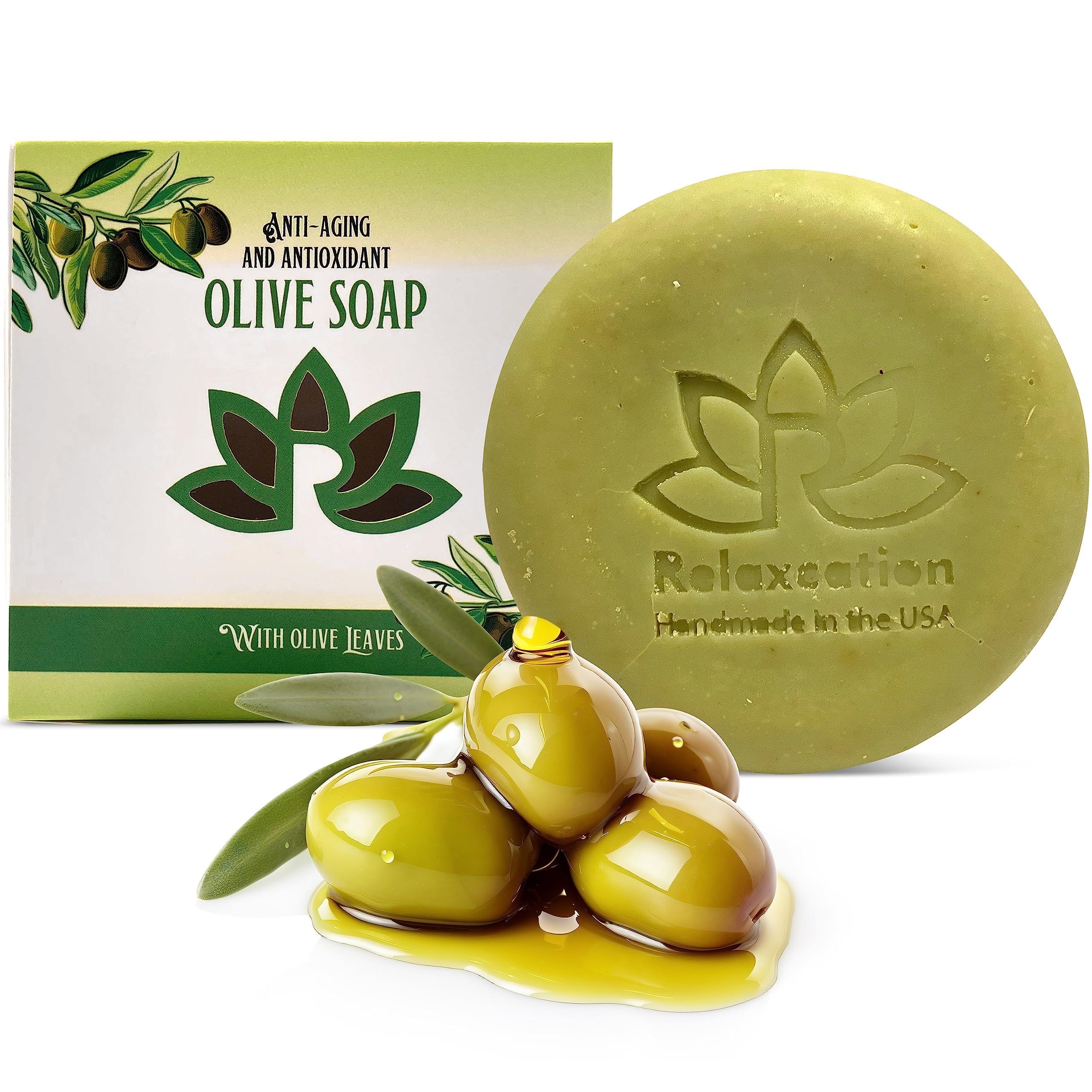 Relaxcation Natural Olive Oil Soap Bar with Organic Pure Greek Olive Oil and Olive Leaves - Anti-Aging and Antioxidant Moisturizing Cold Processed Soap - Handmade in USA