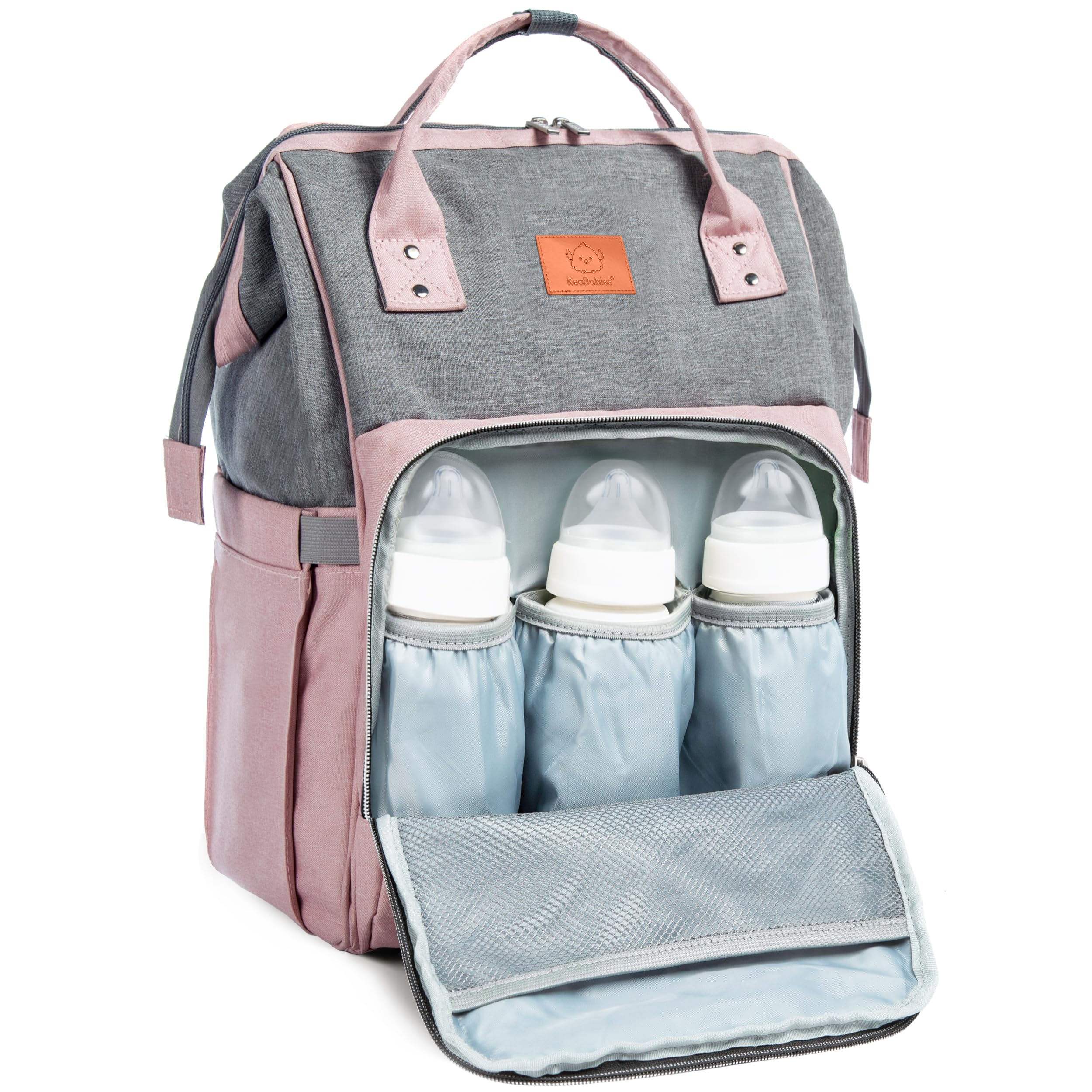 KeaBabies Baby Diaper Bag Backpack - Large Baby Bag for Boys, Girls, Waterproof Multi Function Travel Diaper Backpack with Changing Pad, Durable Travel Essentials for Moms and Dads (Pink Gray)