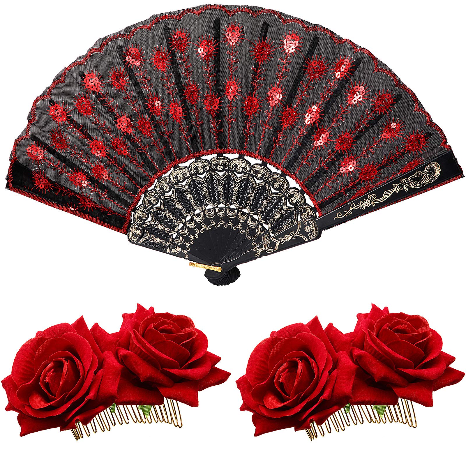 2 Pieces Women Rose Flower Hair Clip and Embroidered Sequins Fabric Handheld Folding Fan Hair Accessories for Flamenco Dancer Costume Accessories Girl Cosplay Party