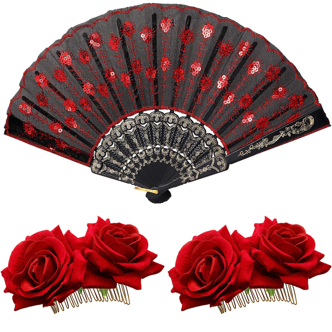 2 Pieces Women Rose Flower Hair Clip and Embroidered Sequins Fabric Handheld Folding Fan Hair Accessories for Flamenco Dancer Costume Accessories Girl Cosplay Party