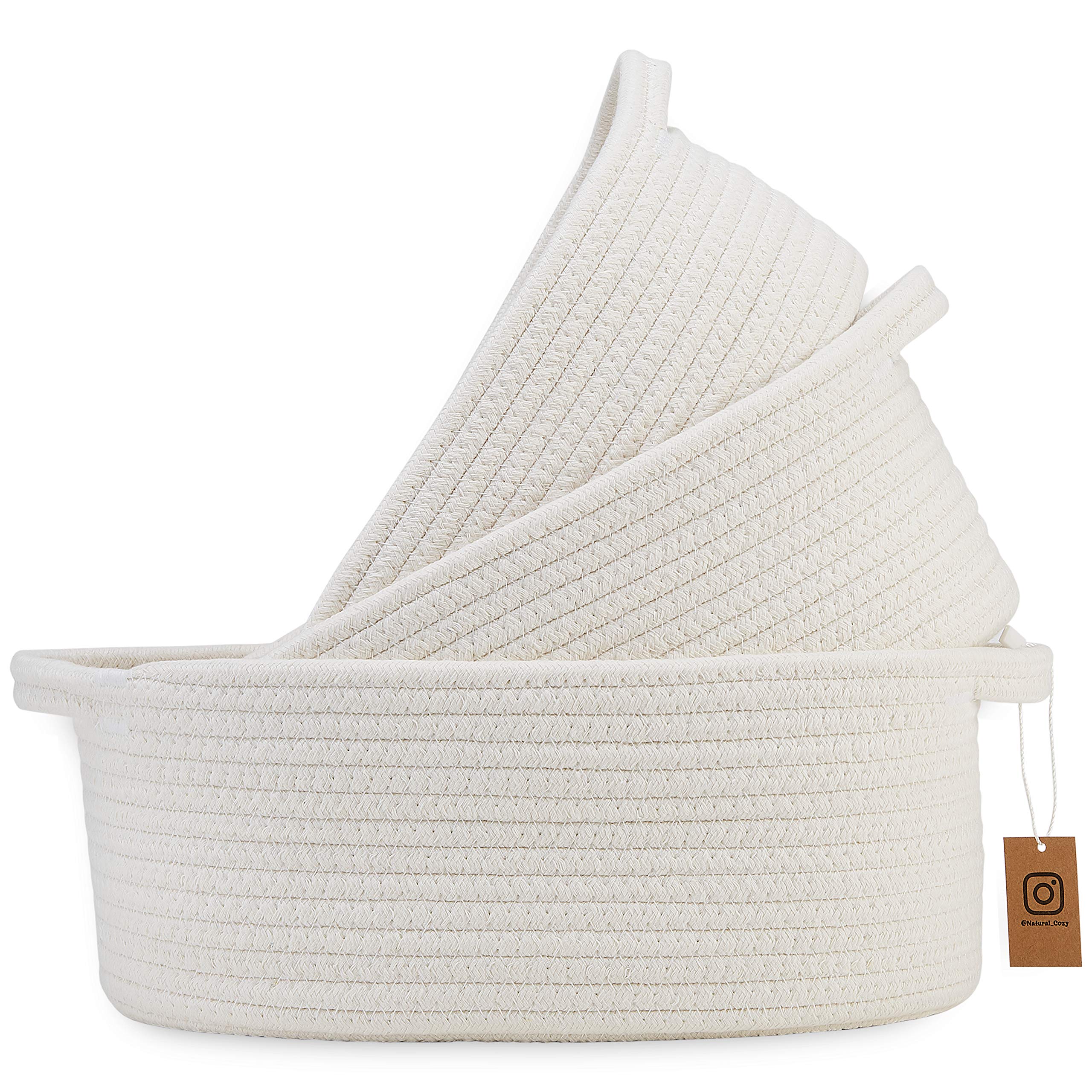 NaturalCozy 3-Piece Oval Storage Basket Set– Soft Natural Rope Woven Baskets for Storage Shelf, Toy, Nursery, Gift, Baby Shower, Pets Cat Dog Bins, Kitchen | Small Basket for Organizing (Off White)